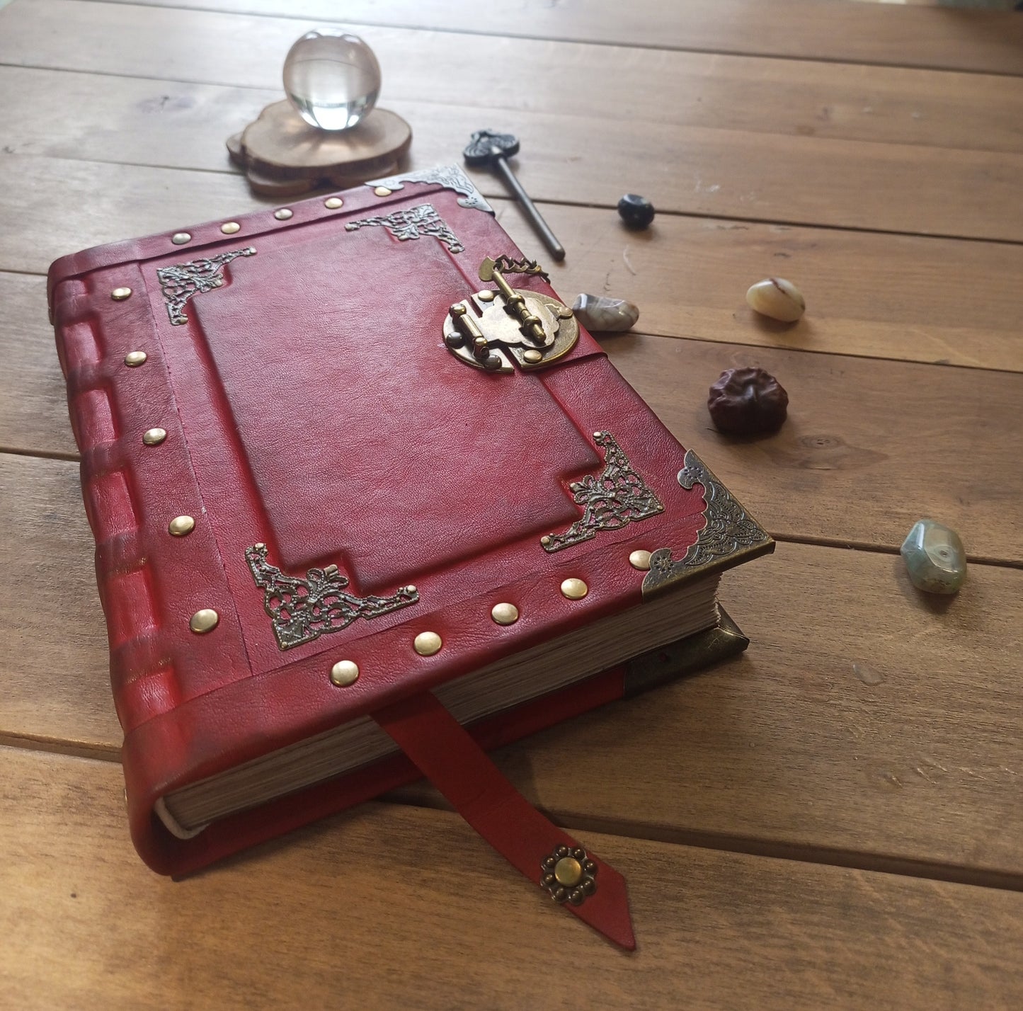 Red Aged Leather Journal with Antique Lock – Vintage Gothic Notebook Medieval Book of Shadows