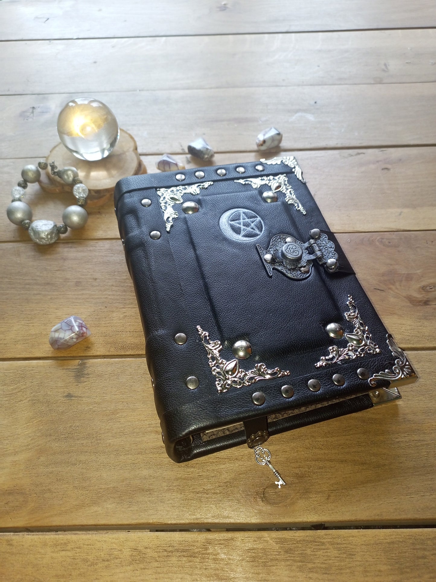 Aged Leather Ring Binder Journal with Moon Pentagram & Replaceable Pages (6 Rings)