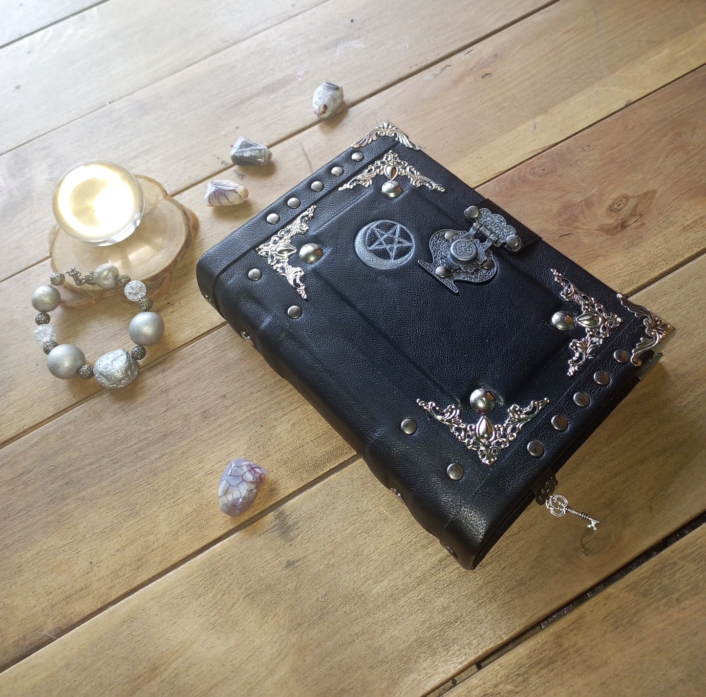 Aged Leather Ring Binder Journal with Moon Pentagram & Replaceable Pages (6 Rings)