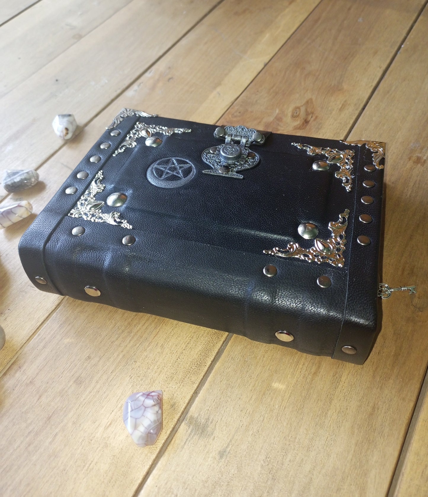 Aged Leather Ring Binder Journal with Moon Pentagram & Replaceable Pages (6 Rings)