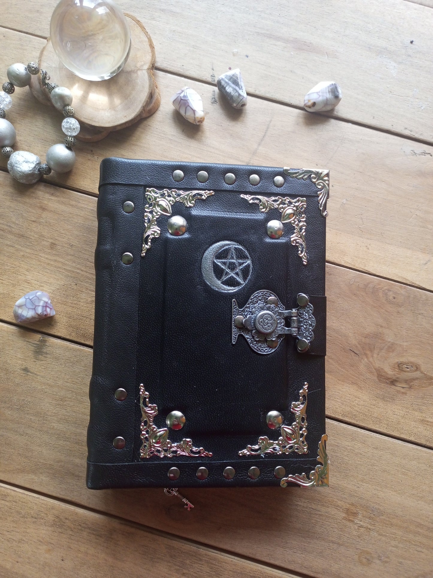 Aged Leather Ring Binder Journal with Moon Pentagram & Replaceable Pages (6 Rings)