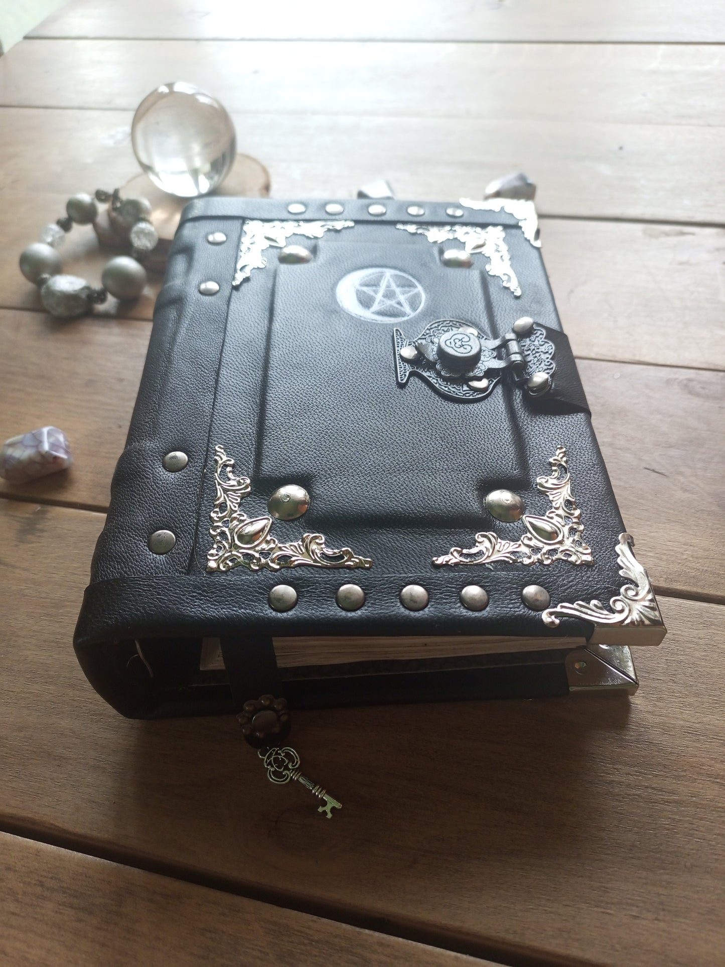 Aged Leather Ring Binder Journal with Moon Pentagram & Replaceable Pages (6 Rings)