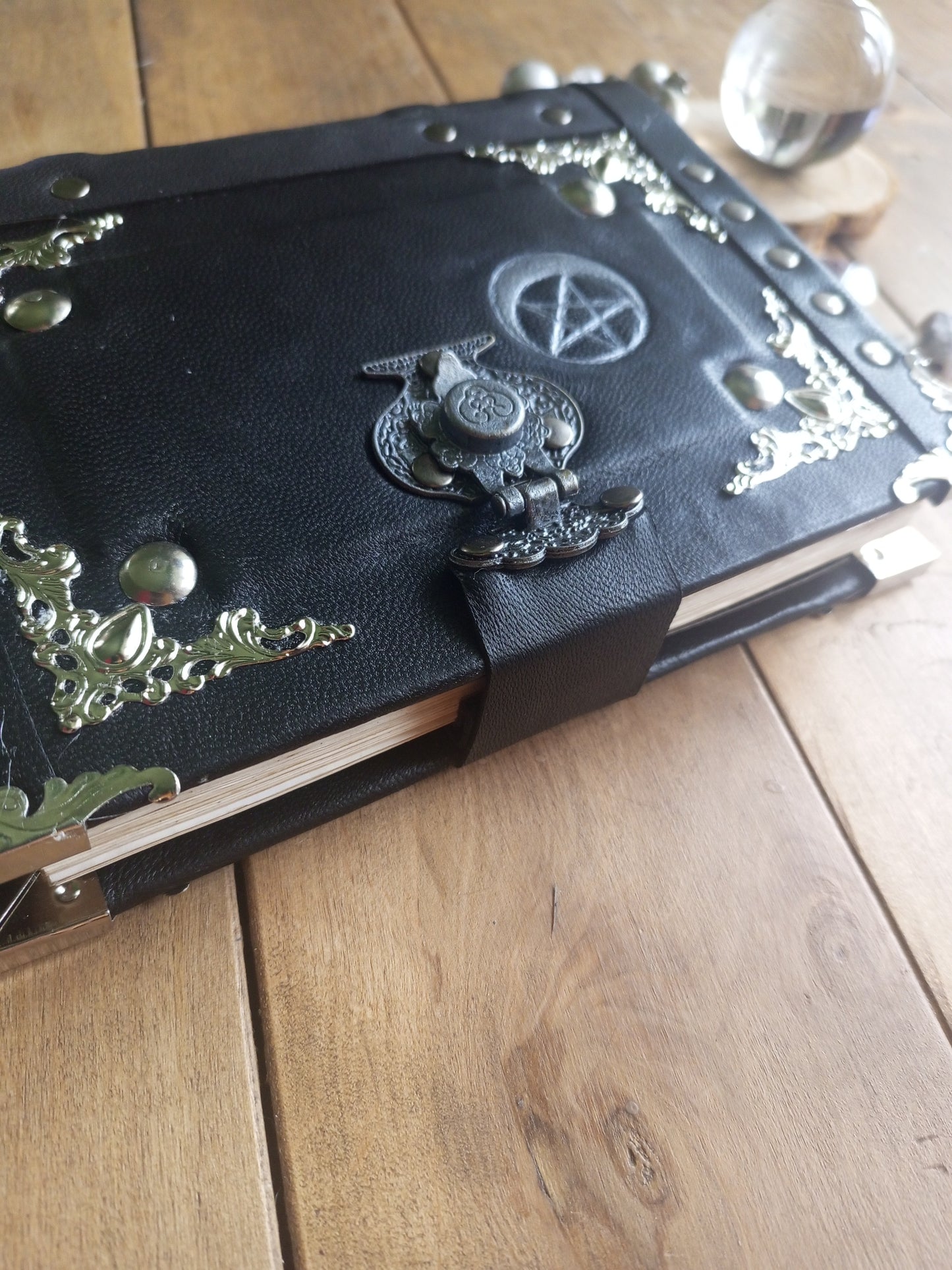 Aged Leather Ring Binder Journal with Moon Pentagram & Replaceable Pages (6 Rings)