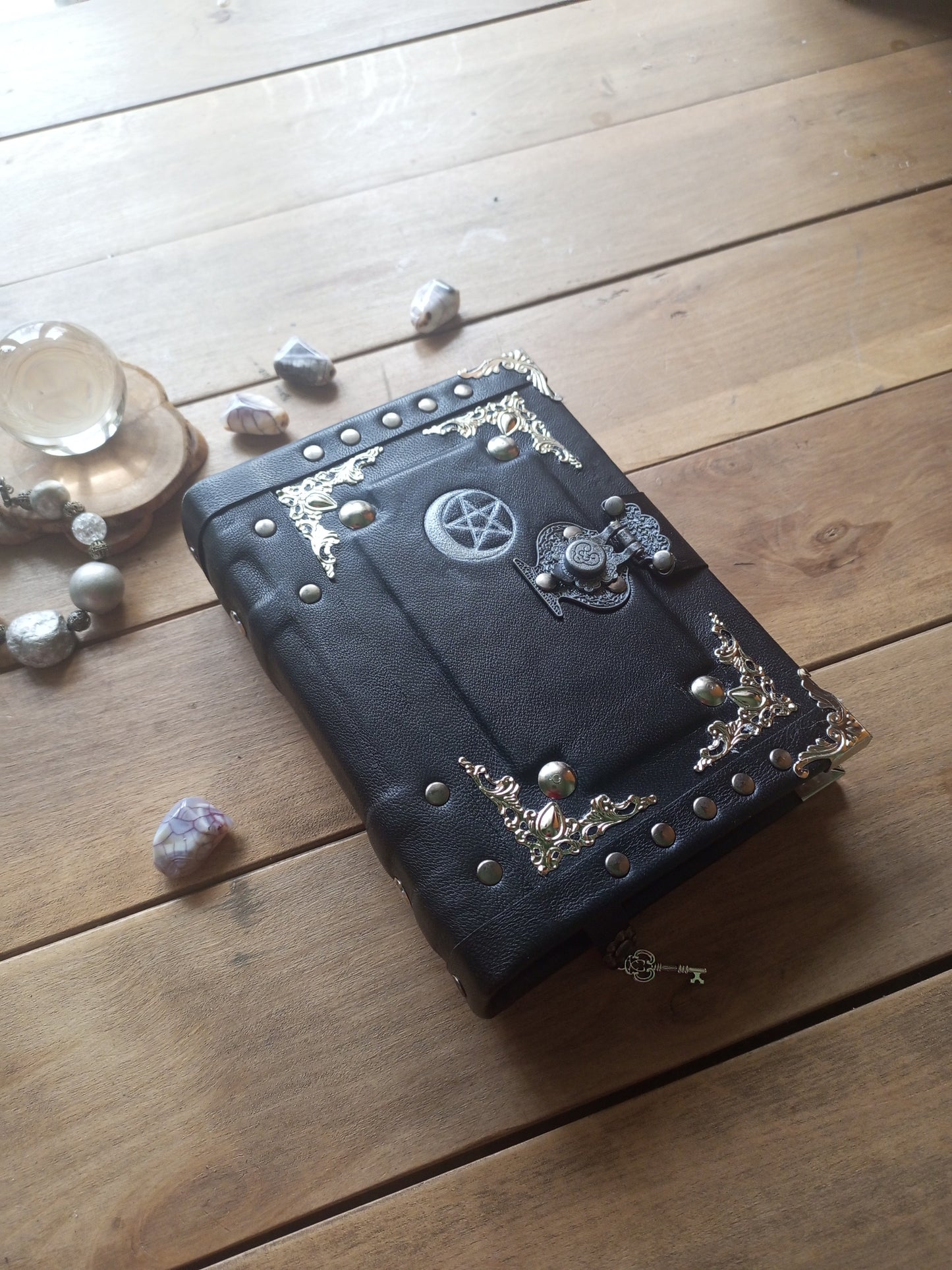 Aged Leather Ring Binder Journal with Moon Pentagram & Replaceable Pages (6 Rings)