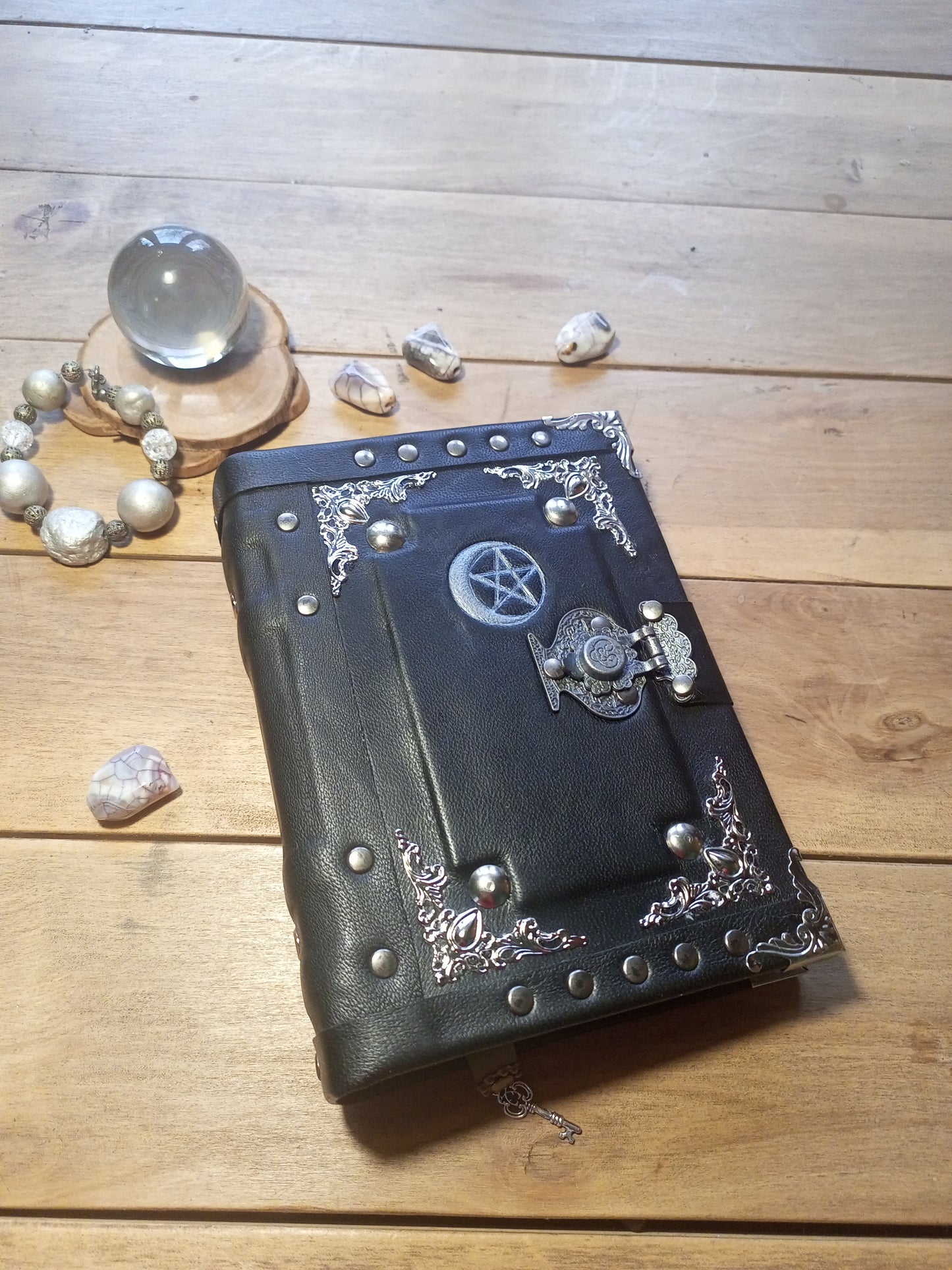 Aged Leather Ring Binder Journal with Moon Pentagram & Replaceable Pages (6 Rings)