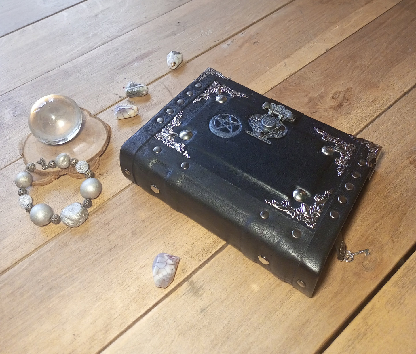 Aged Leather Ring Binder Journal with Moon Pentagram & Replaceable Pages (6 Rings)