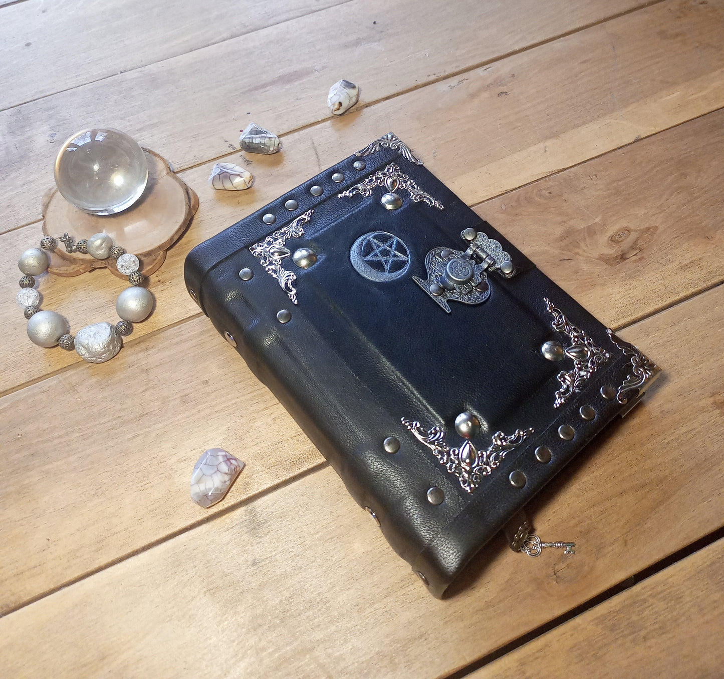Aged Leather Ring Binder Journal with Moon Pentagram & Replaceable Pages (6 Rings)