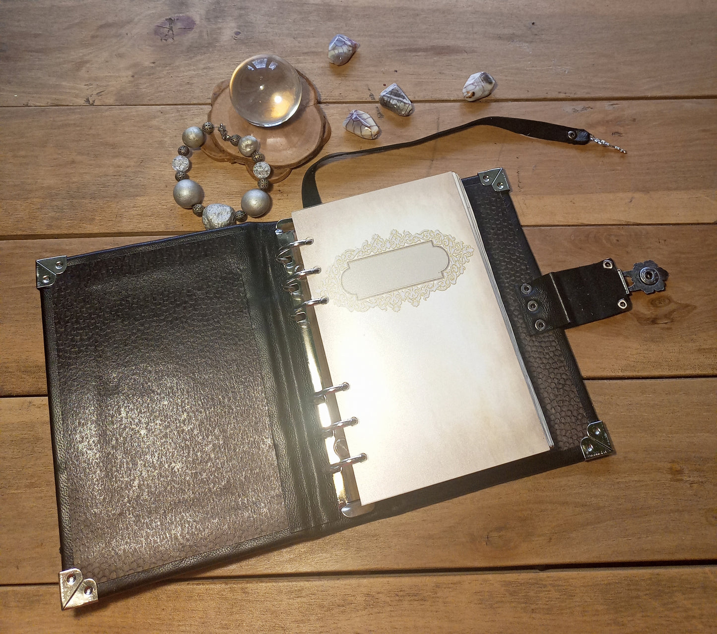 Aged Leather Ring Binder Journal with Moon Pentagram & Replaceable Pages (6 Rings)