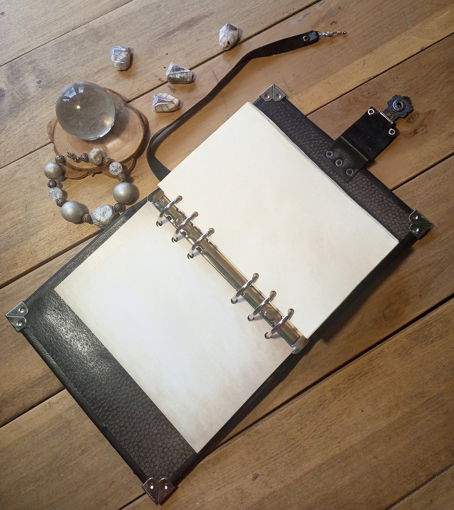 Aged Leather Ring Binder Journal with Moon Pentagram & Replaceable Pages (6 Rings)