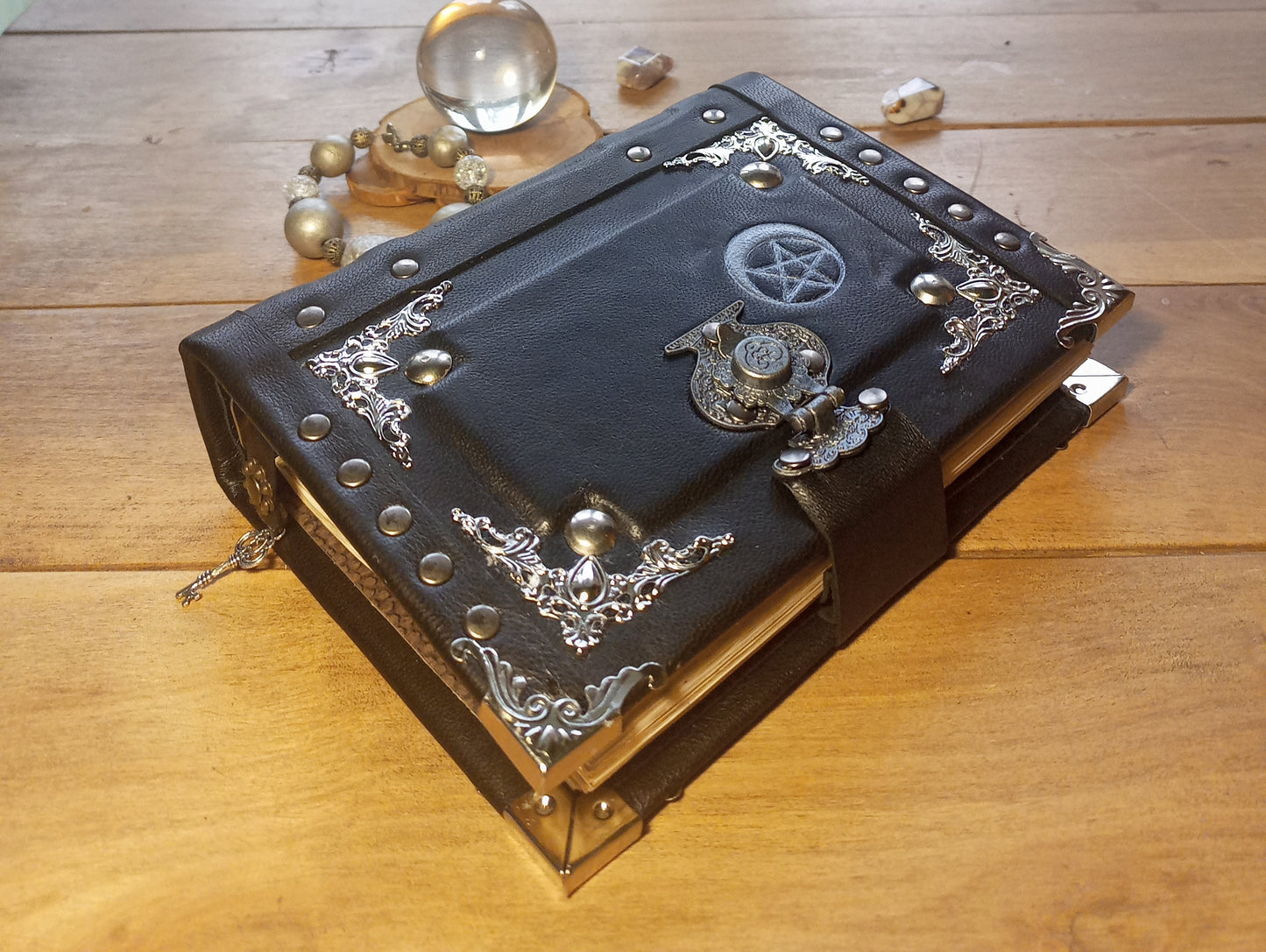 Aged Leather Ring Binder Journal with Moon Pentagram & Replaceable Pages (6 Rings)
