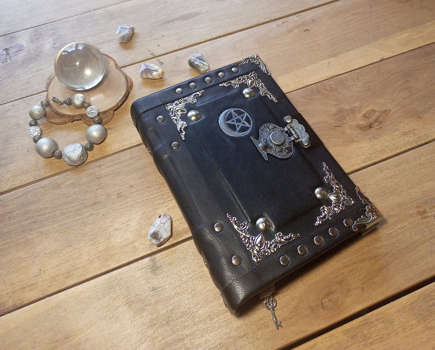 Aged Leather Ring Binder Journal with Moon Pentagram & Replaceable Pages (6 Rings)