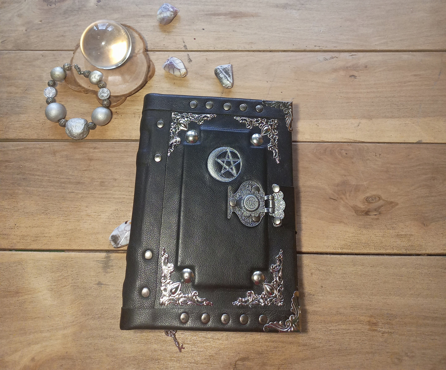 Aged Leather Ring Binder Journal with Moon Pentagram & Replaceable Pages (6 Rings)