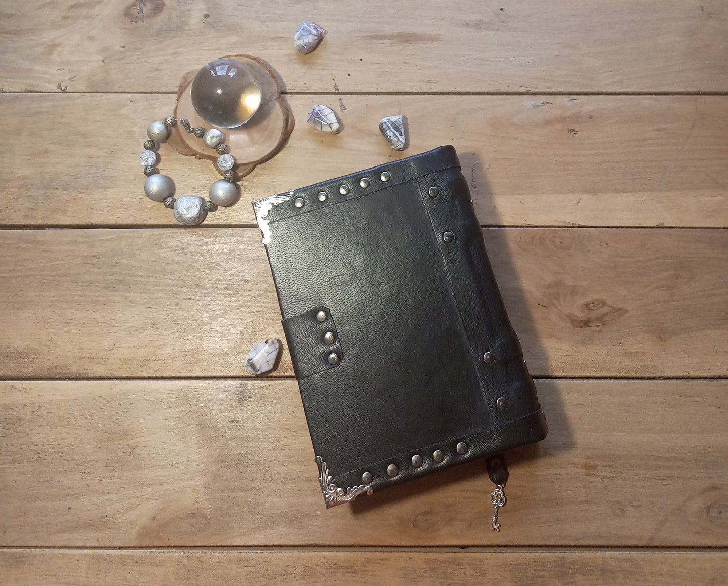 Aged Leather Ring Binder Journal with Moon Pentagram & Replaceable Pages (6 Rings)