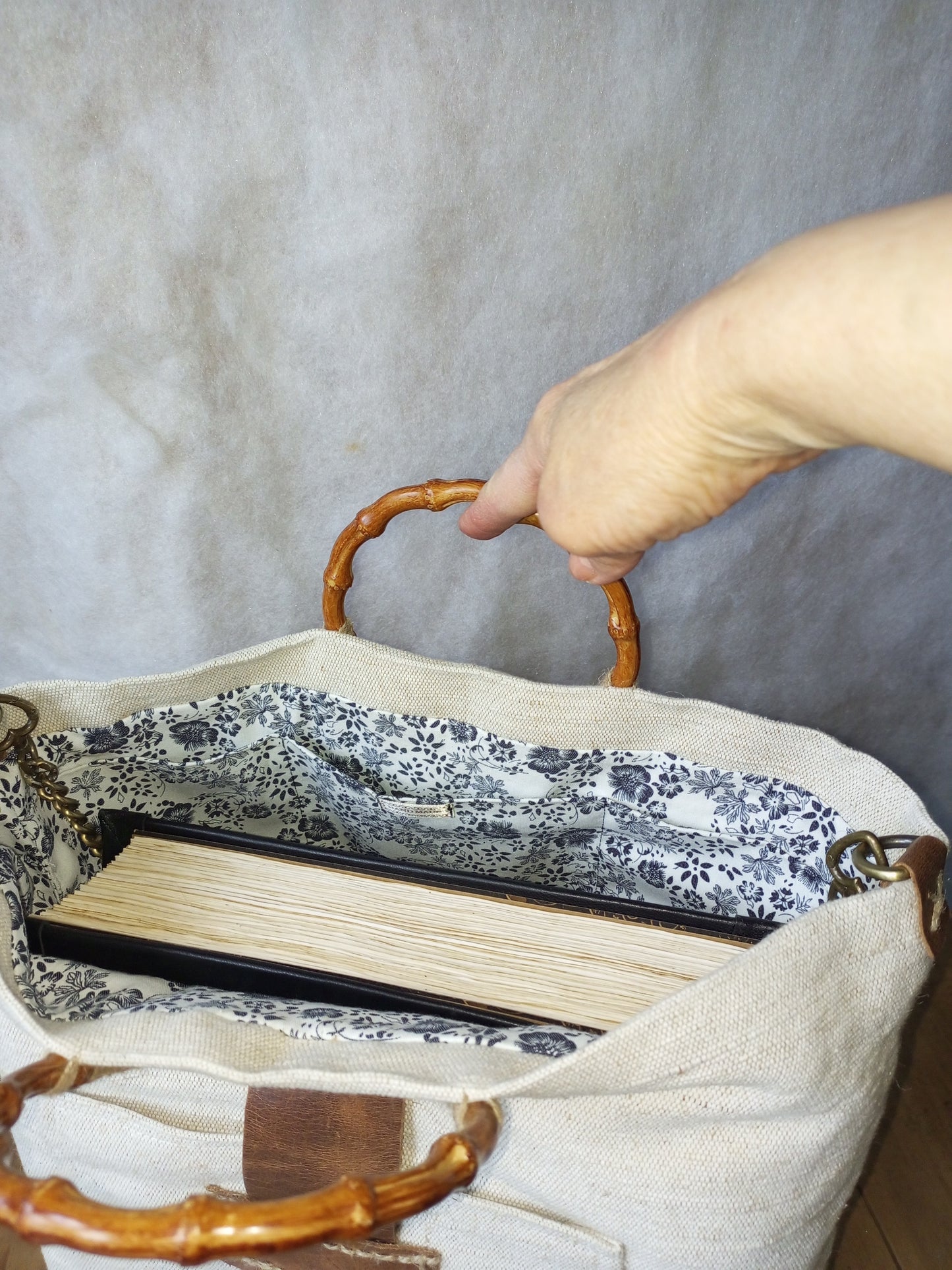 Ivory Canvas Tote Bag – Boho Market Bag with Bamboo Handles and Leather Details