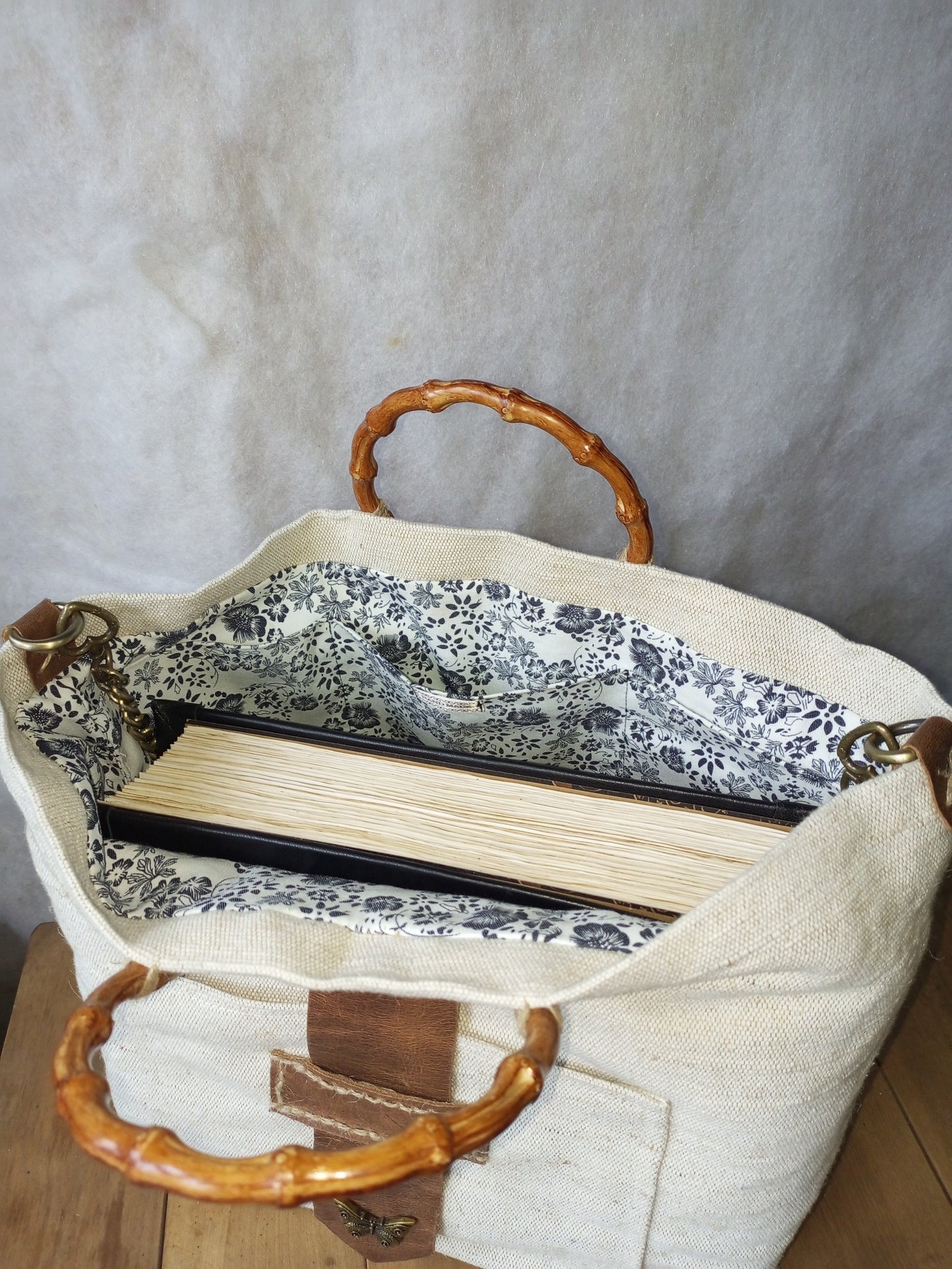 Ivory Canvas Tote Bag – Boho Market Bag with Bamboo Handles and Leather Details