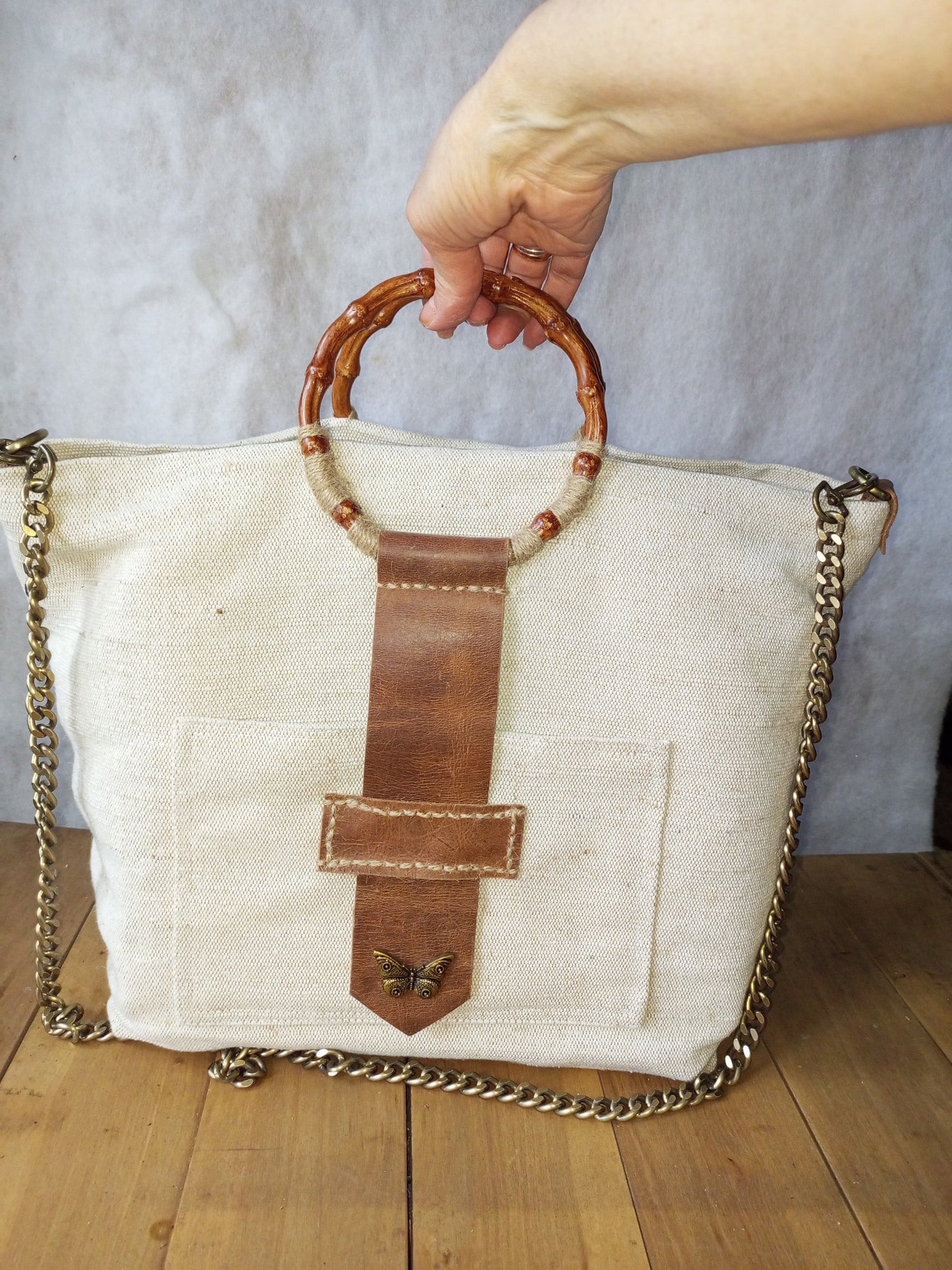 Ivory Canvas Tote Bag – Boho Market Bag with Bamboo Handles and Leather Details