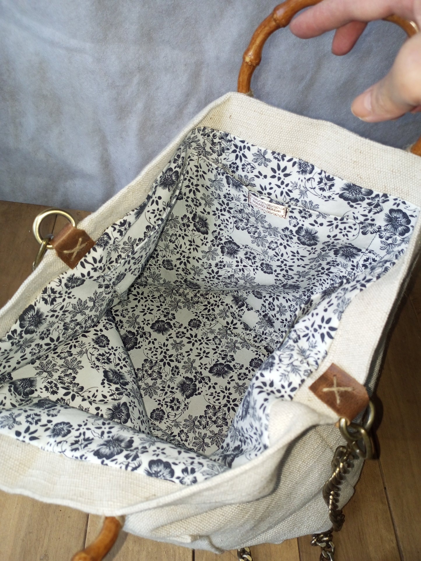 Ivory Canvas Tote Bag – Boho Market Bag with Bamboo Handles and Leather Details