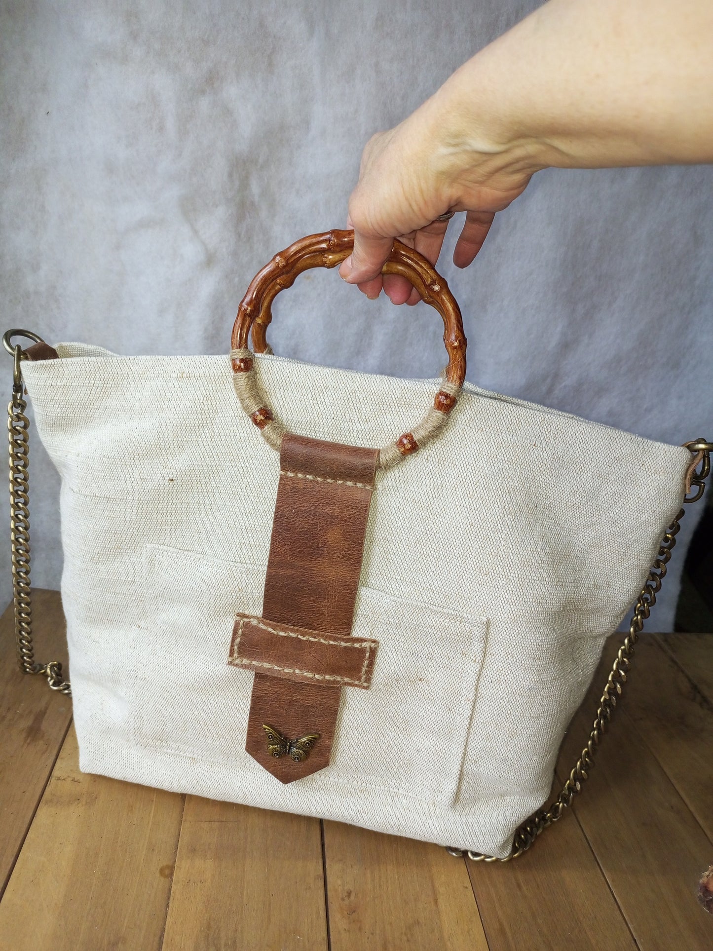 Ivory Canvas Tote Bag – Boho Market Bag with Bamboo Handles and Leather Details
