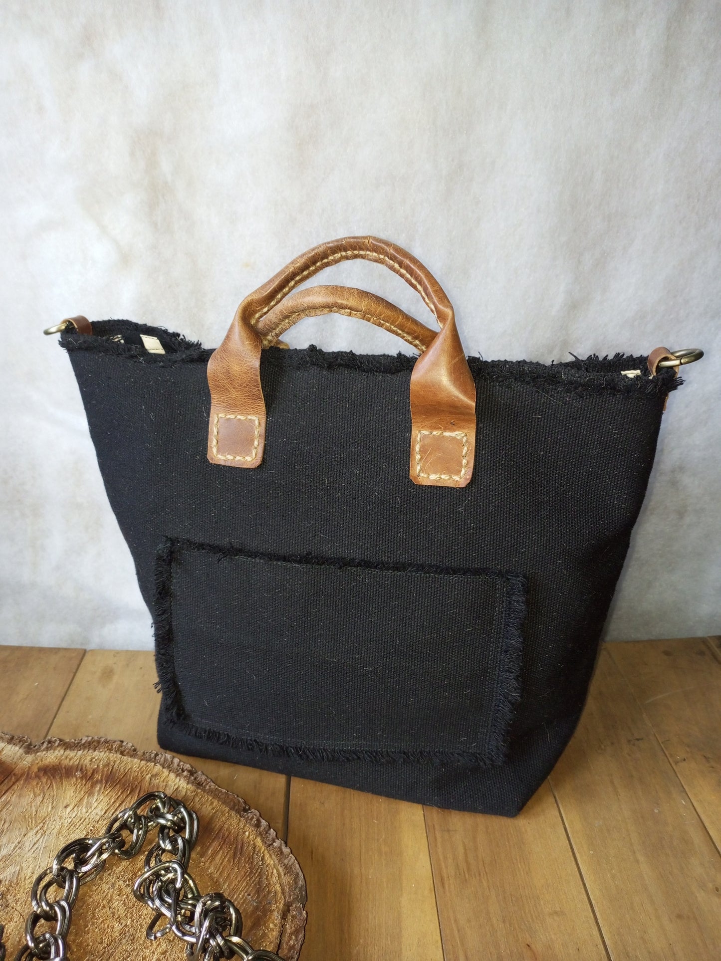 Black Canvas Tote Bag with Leather Handles – Large Boho Market Bag, Structured Shopper with Chain Strap, Eco Everyday Handbag