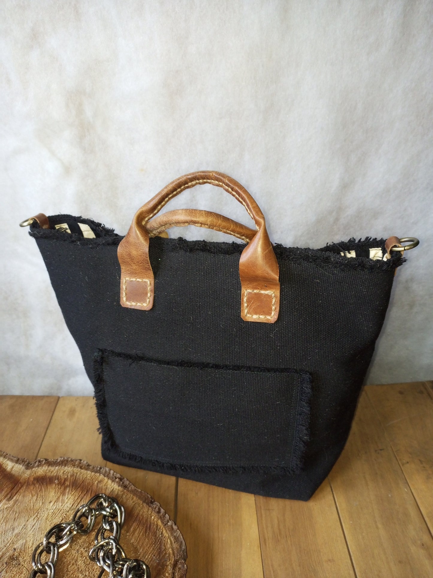 Black Canvas Tote Bag with Leather Handles – Large Boho Market Bag, Structured Shopper with Chain Strap, Eco Everyday Handbag