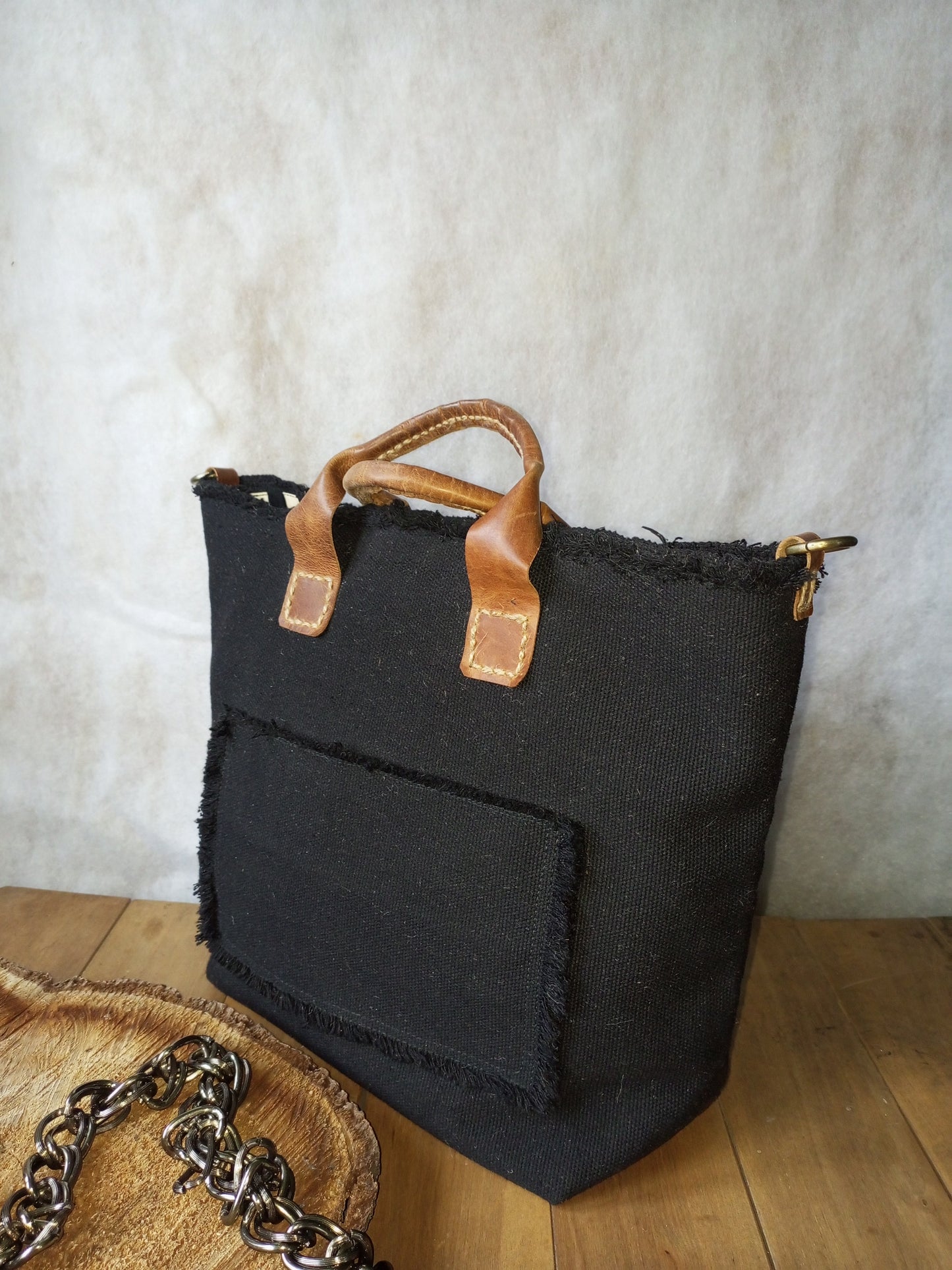 Black Canvas Tote Bag with Leather Handles – Large Boho Market Bag, Structured Shopper with Chain Strap, Eco Everyday Handbag