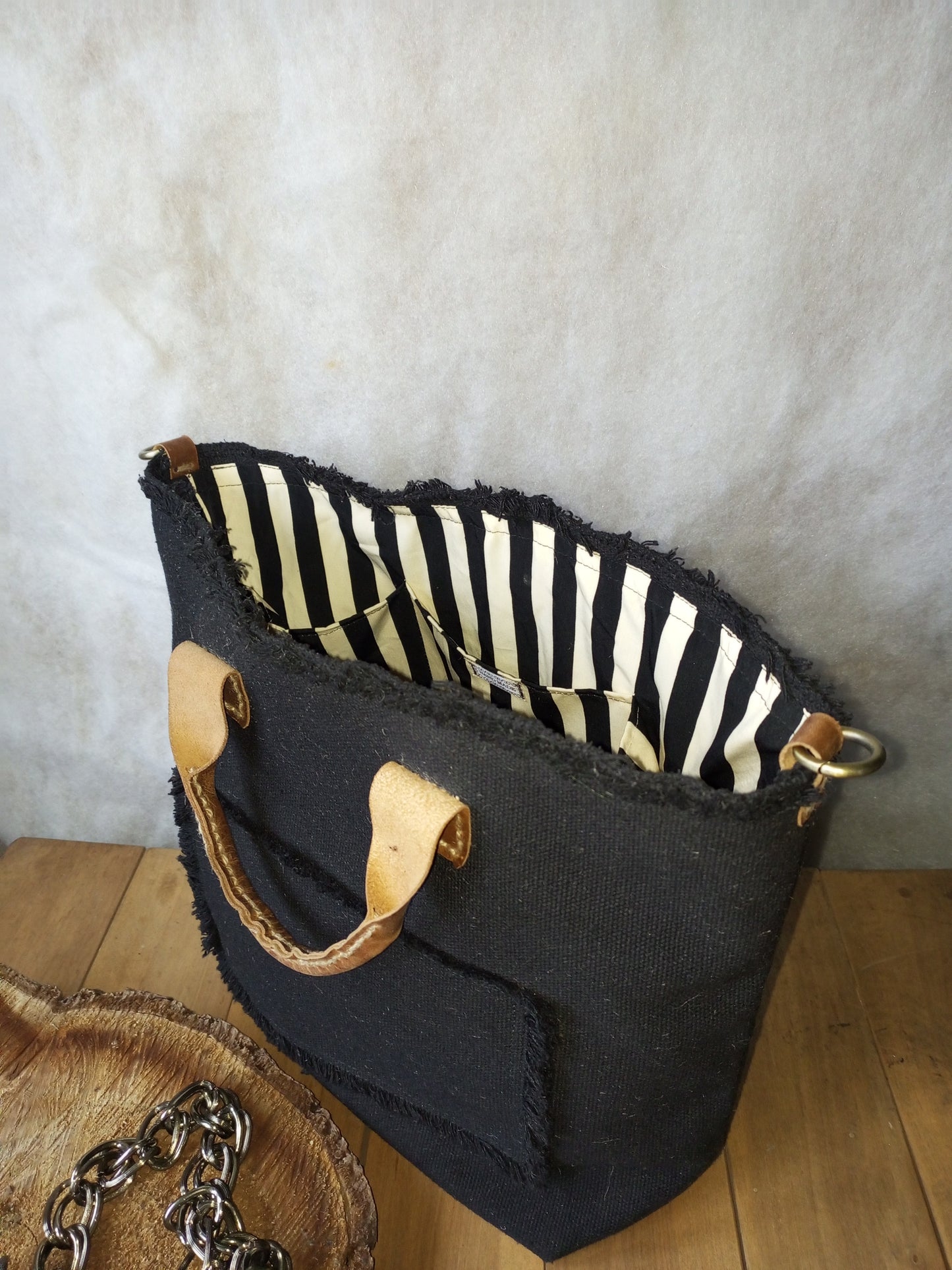 Black Canvas Tote Bag with Leather Handles – Large Boho Market Bag, Structured Shopper with Chain Strap, Eco Everyday Handbag