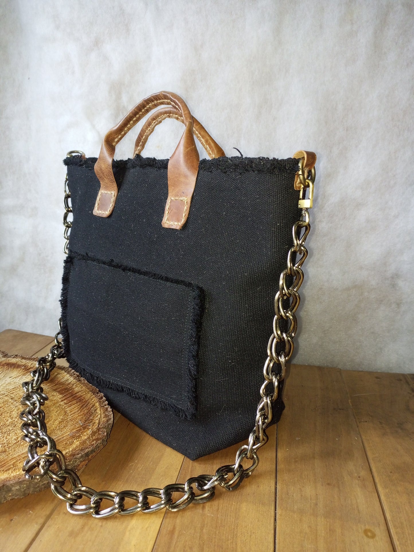 Black Canvas Tote Bag with Leather Handles – Large Boho Market Bag, Structured Shopper with Chain Strap, Eco Everyday Handbag