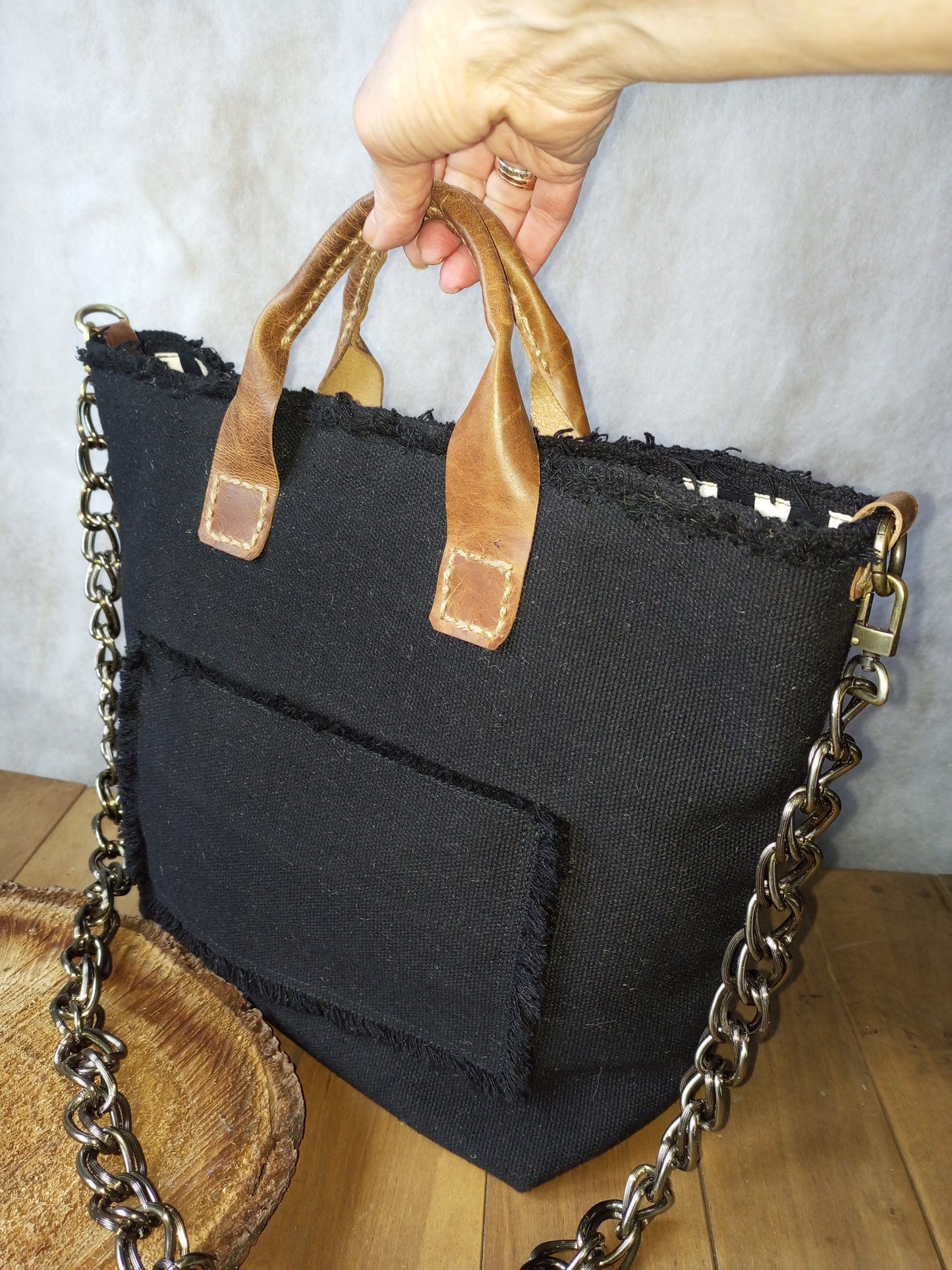 Black Canvas Tote Bag with Leather Handles – Large Boho Market Bag, Structured Shopper with Chain Strap, Eco Everyday Handbag