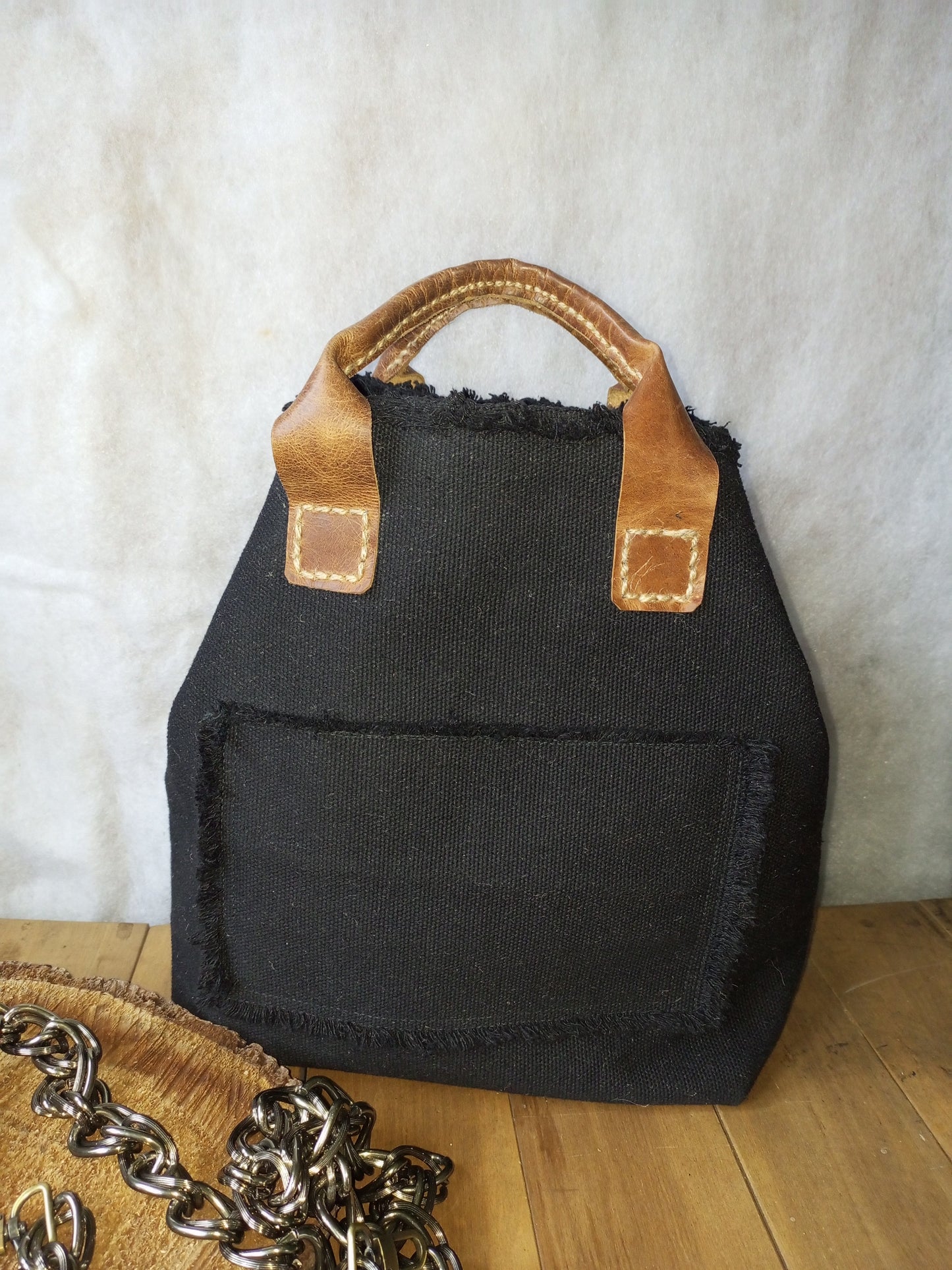 Black Canvas Tote Bag with Leather Handles – Large Boho Market Bag, Structured Shopper with Chain Strap, Eco Everyday Handbag