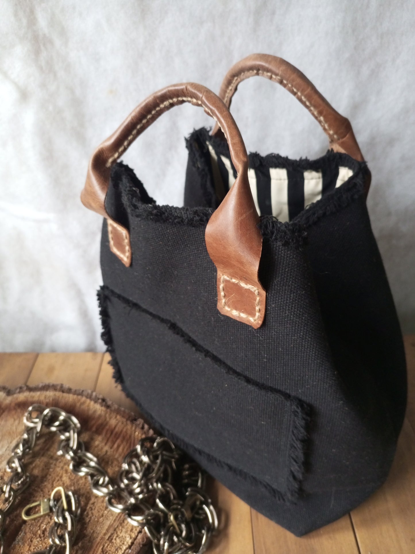 Black Canvas Tote Bag with Leather Handles – Large Boho Market Bag, Structured Shopper with Chain Strap, Eco Everyday Handbag