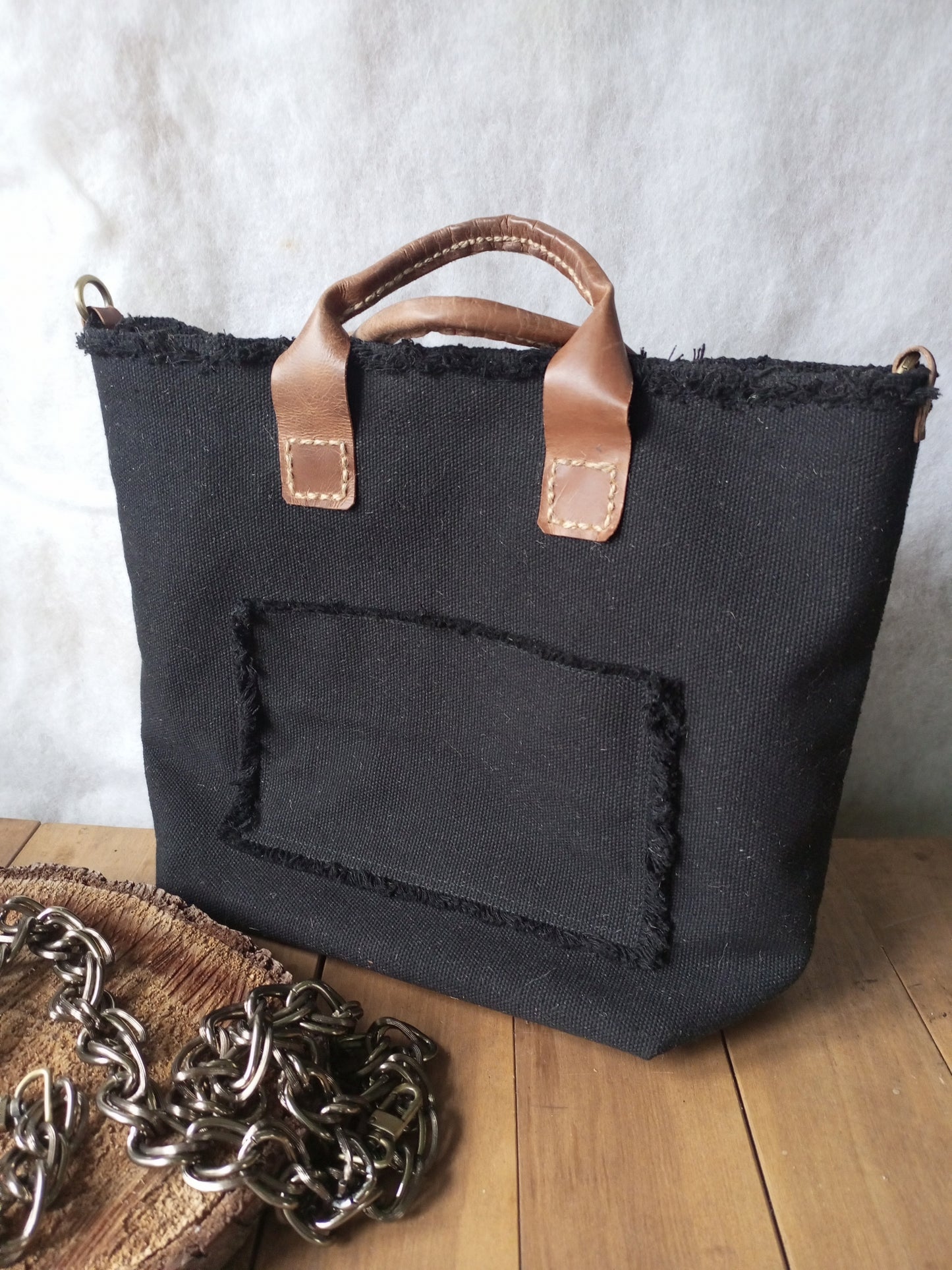 Black Canvas Tote Bag with Leather Handles – Large Boho Market Bag, Structured Shopper with Chain Strap, Eco Everyday Handbag