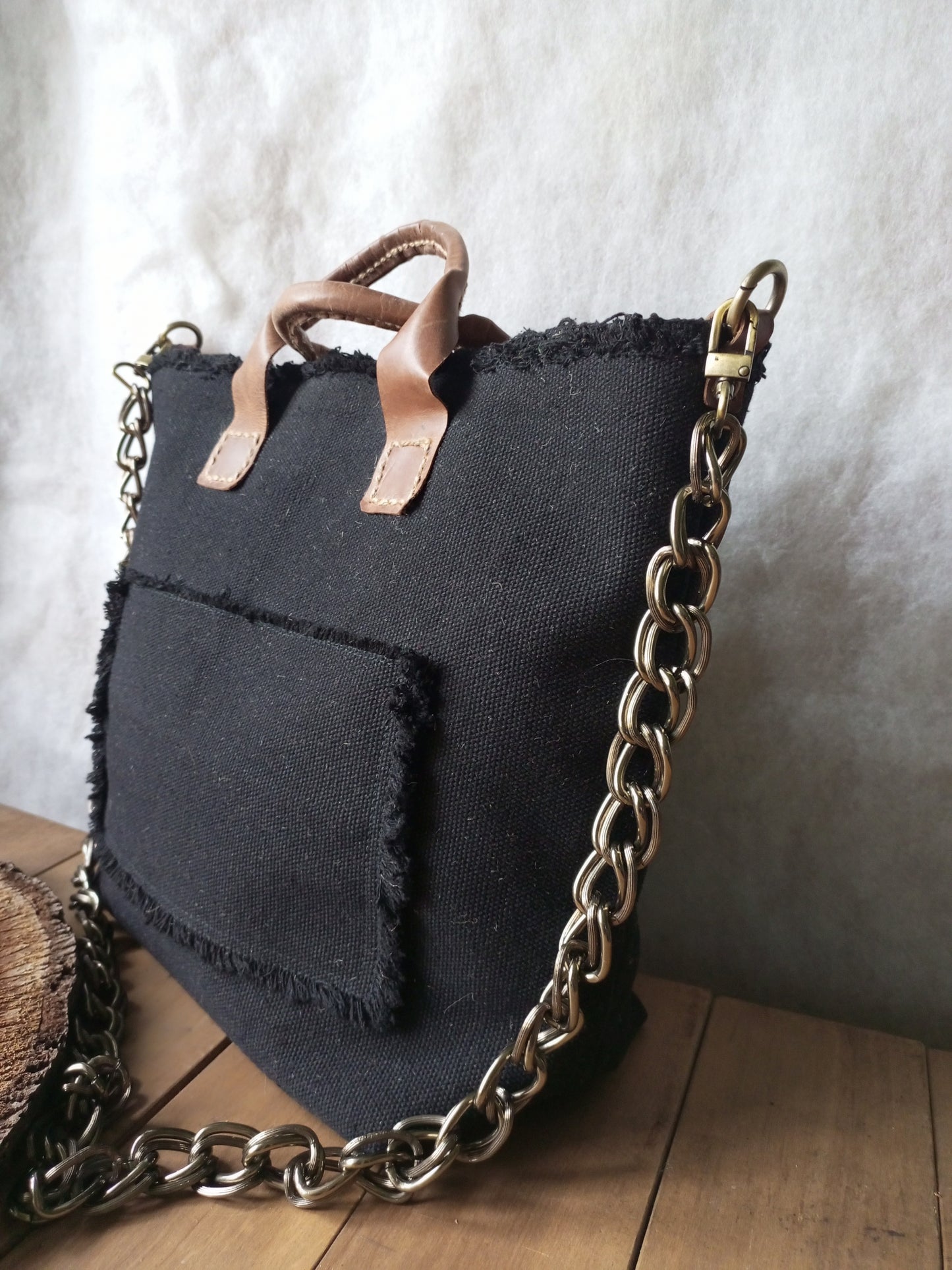 Black Canvas Tote Bag with Leather Handles – Large Boho Market Bag, Structured Shopper with Chain Strap, Eco Everyday Handbag