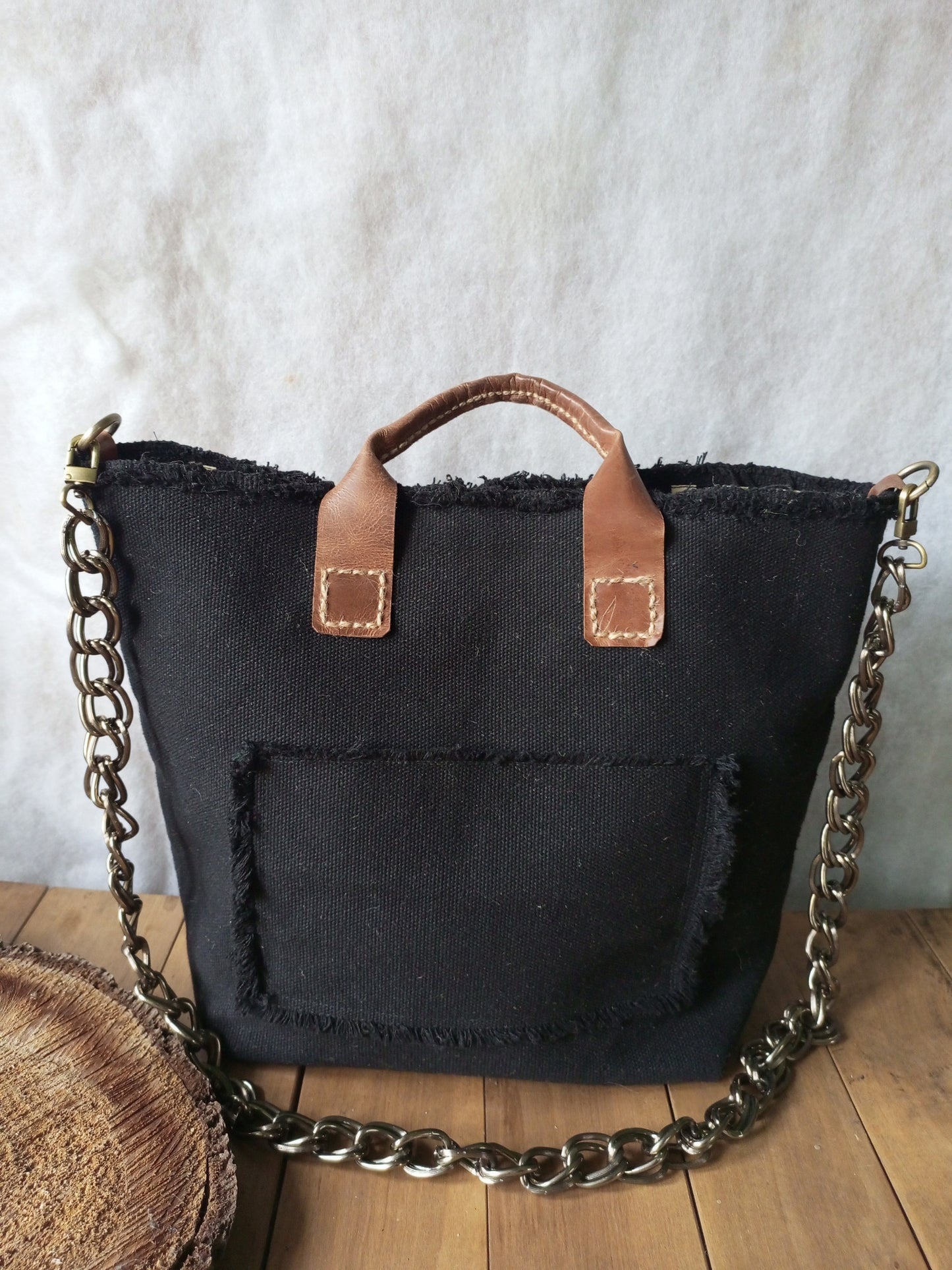 Black Canvas Tote Bag with Leather Handles – Large Boho Market Bag, Structured Shopper with Chain Strap, Eco Everyday Handbag