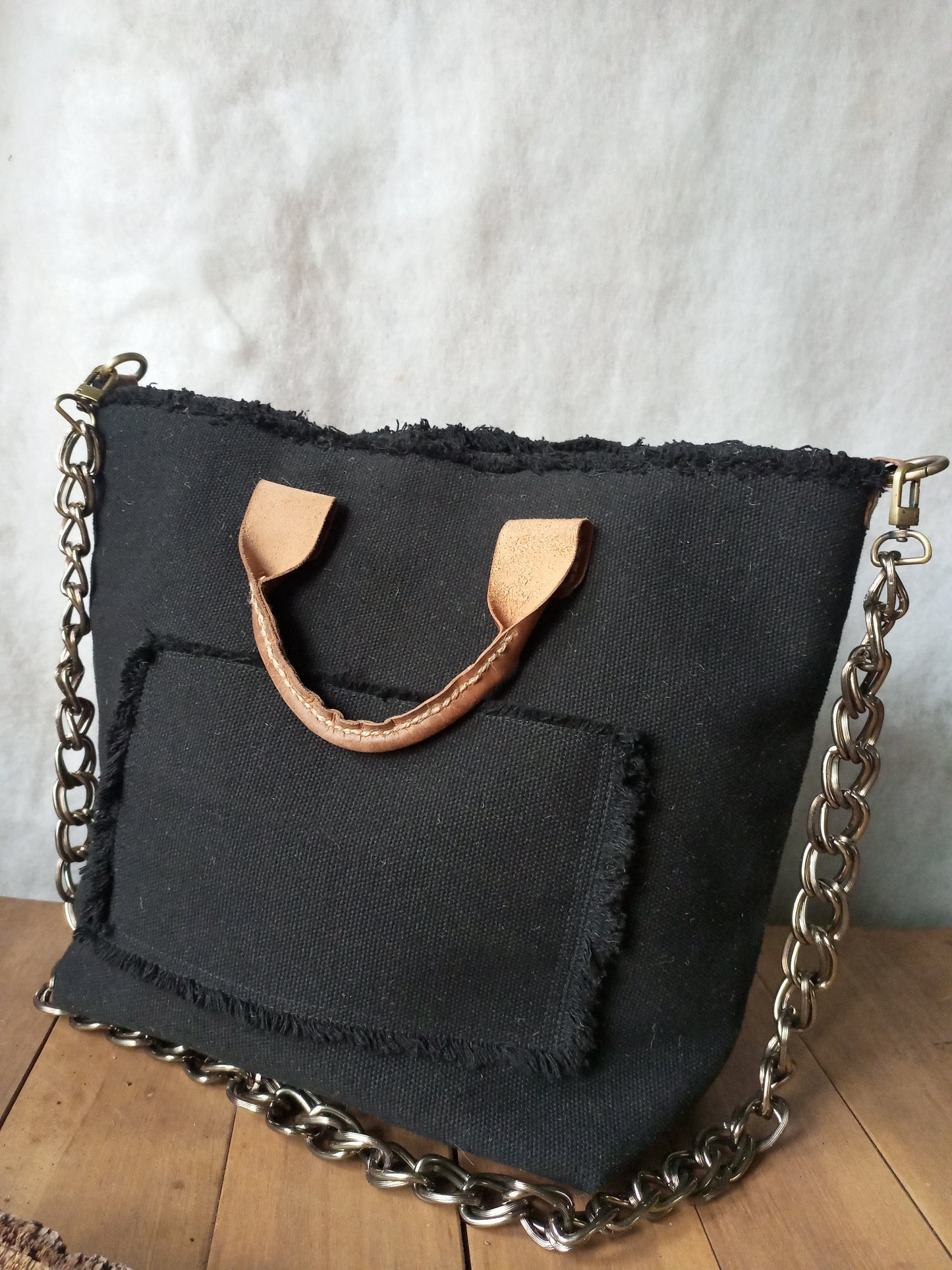 Black Canvas Tote Bag with Leather Handles – Large Boho Market Bag, Structured Shopper with Chain Strap, Eco Everyday Handbag