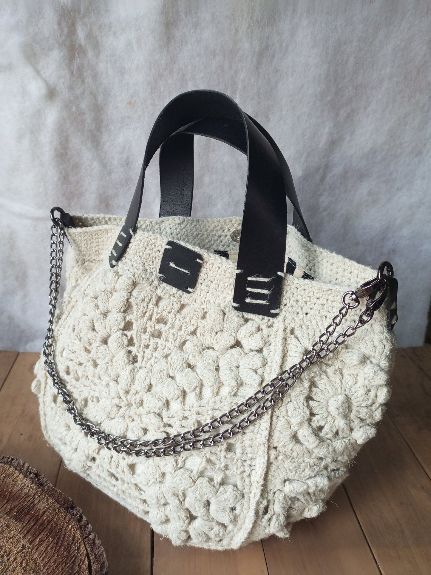 Bohemian Ivory Crochet Hemp Bag – Handmade Jute Handbag with Leather Handles and Chain Strap