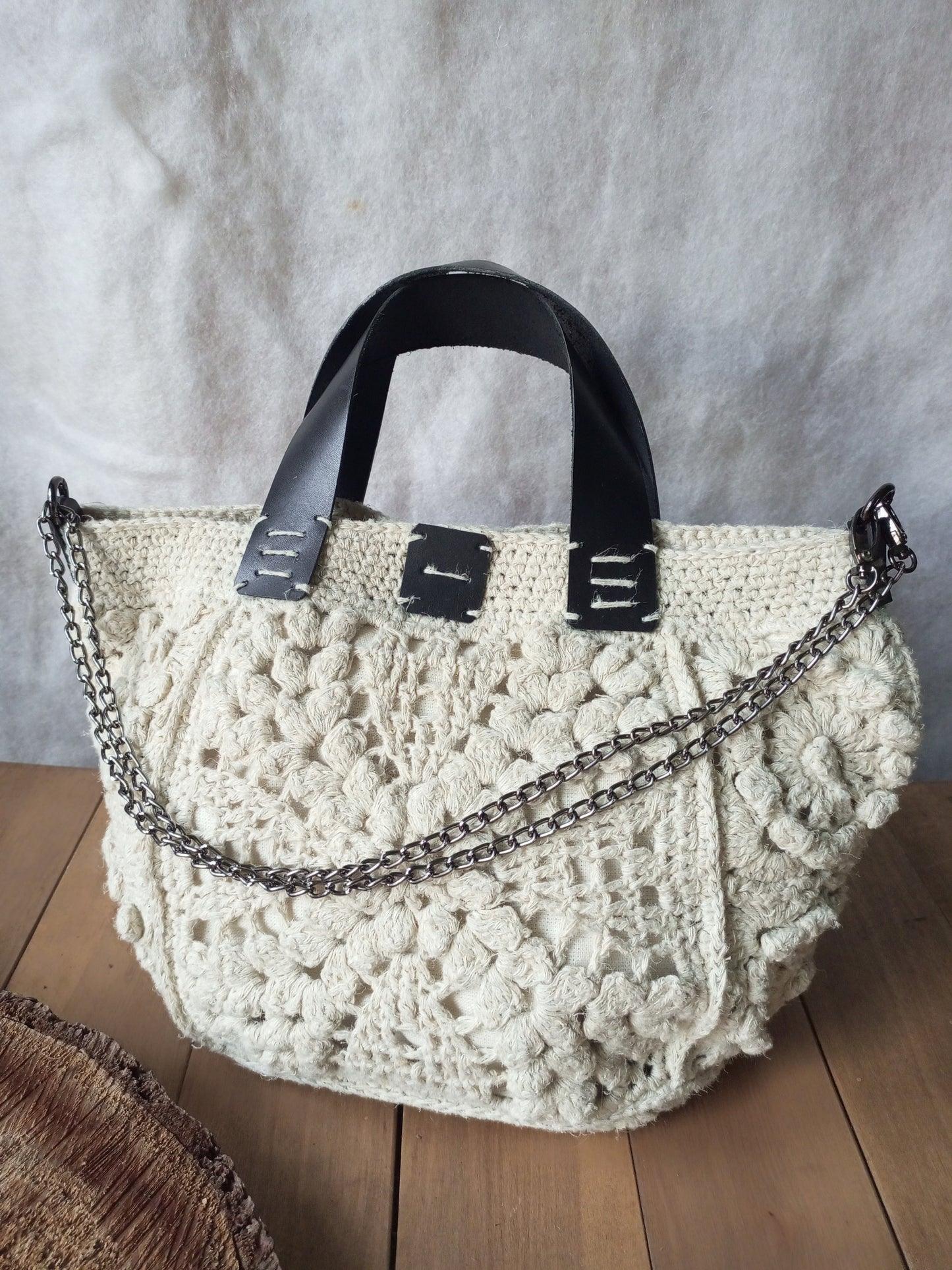 Bohemian Ivory Crochet Hemp Bag – Handmade Jute Handbag with Leather Handles and Chain Strap