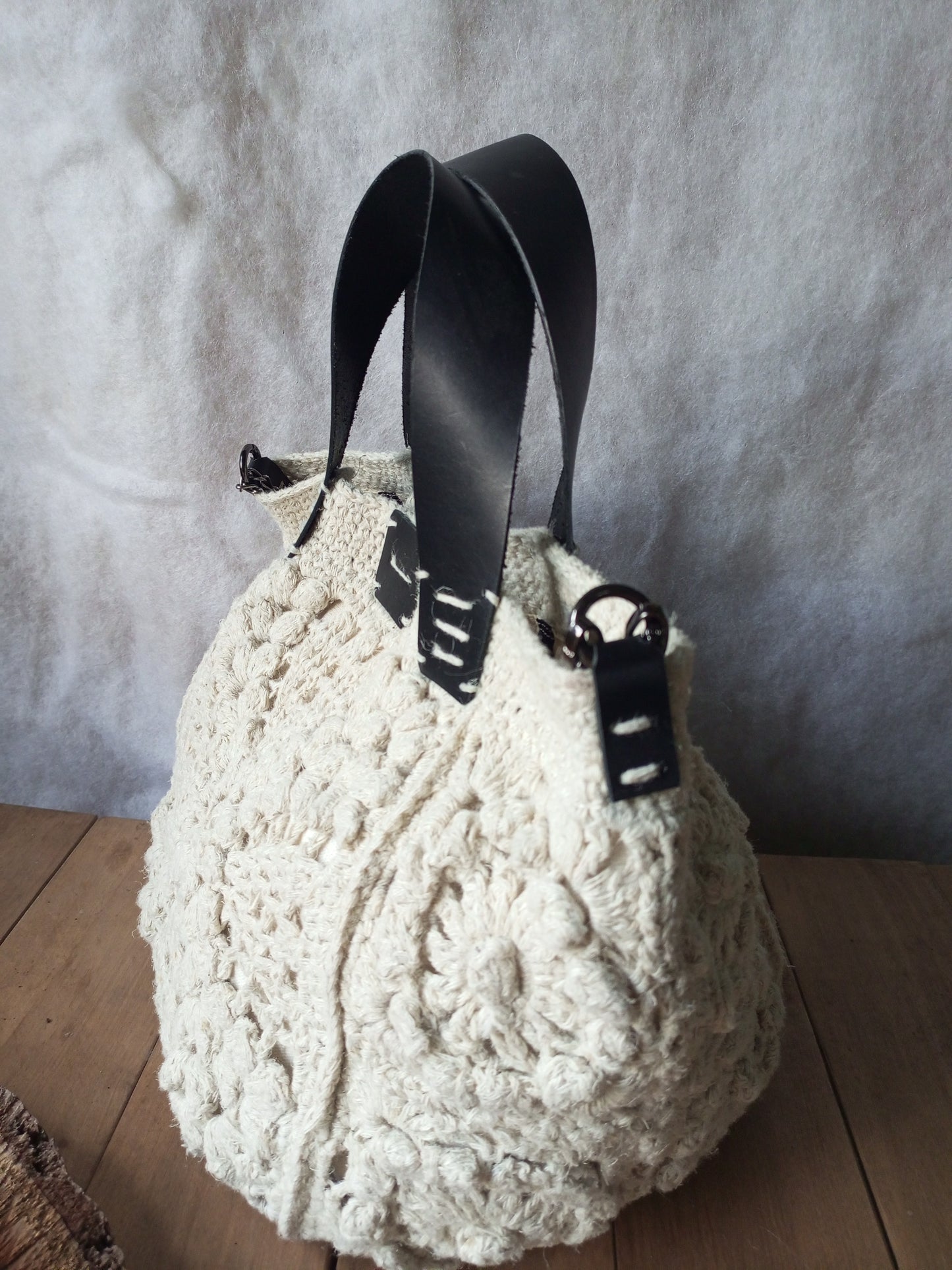 Bohemian Ivory Crochet Hemp Bag – Handmade Jute Handbag with Leather Handles and Chain Strap