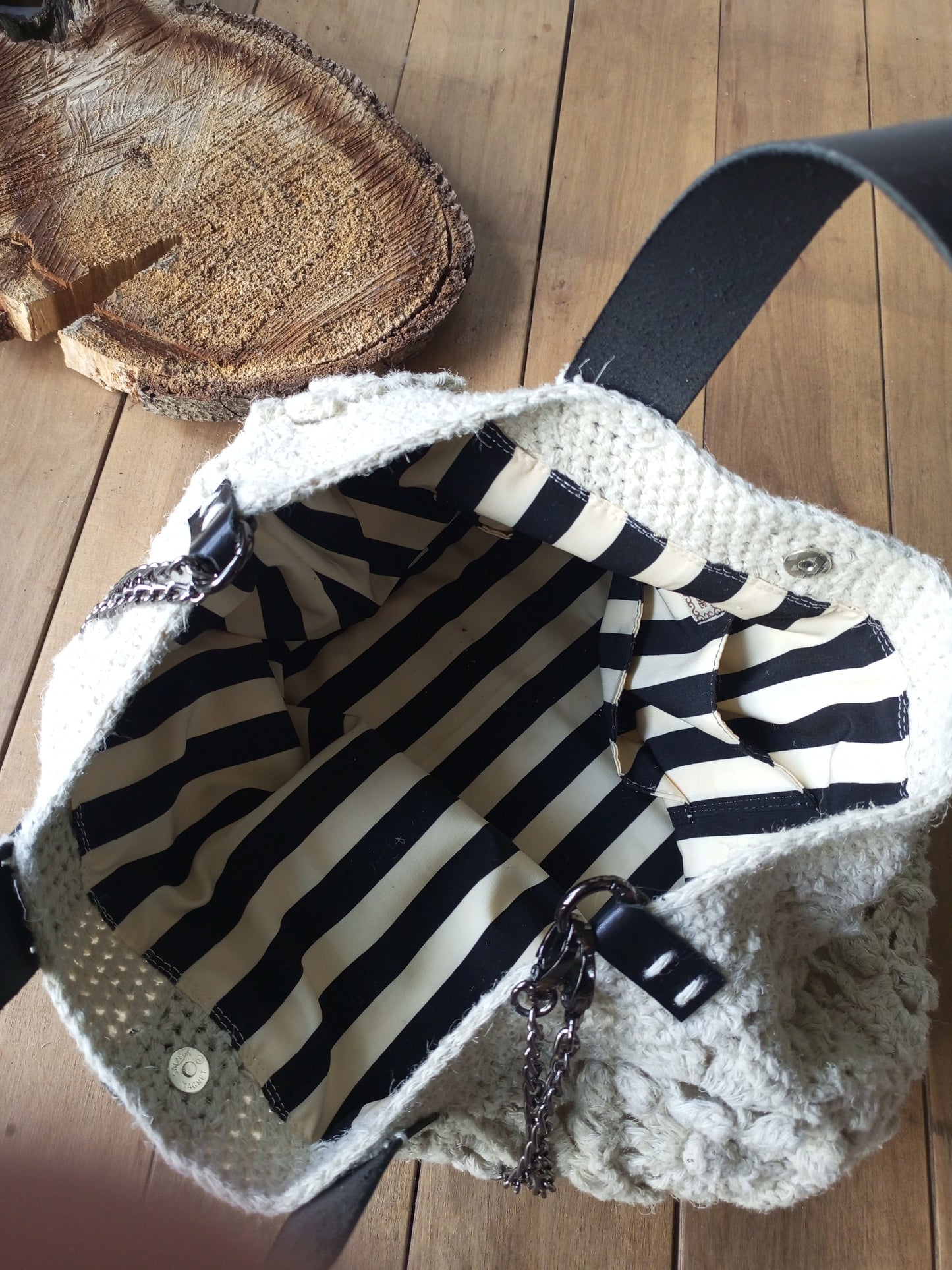 Bohemian Ivory Crochet Hemp Bag – Handmade Jute Handbag with Leather Handles and Chain Strap