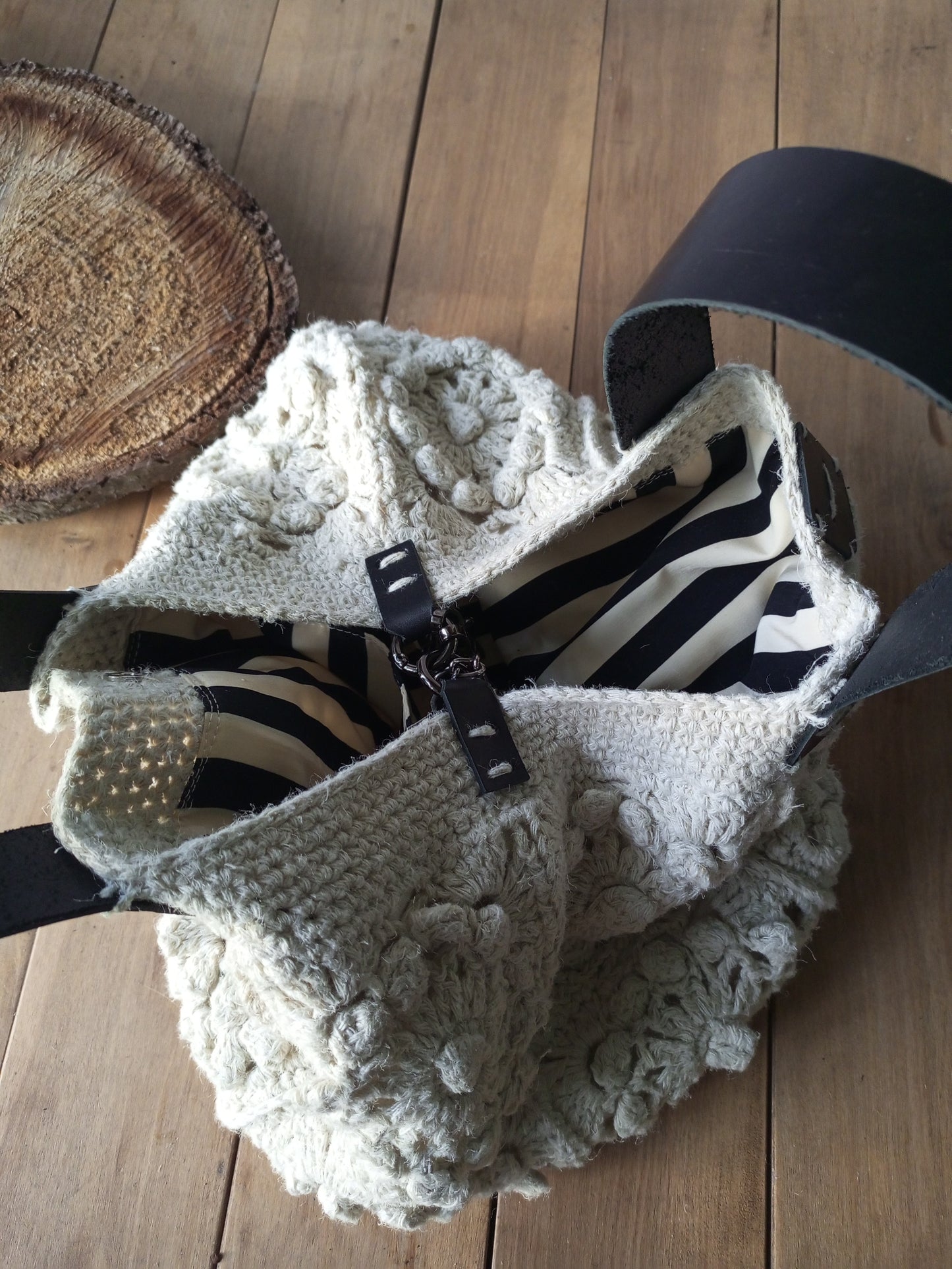 Bohemian Ivory Crochet Hemp Bag – Handmade Jute Handbag with Leather Handles and Chain Strap