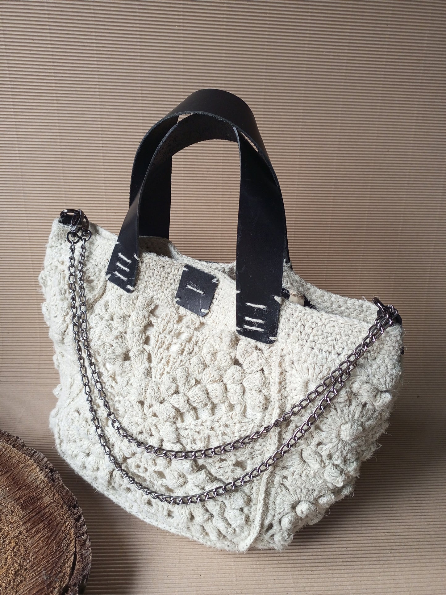 Bohemian Ivory Crochet Hemp Bag – Handmade Jute Handbag with Leather Handles and Chain Strap
