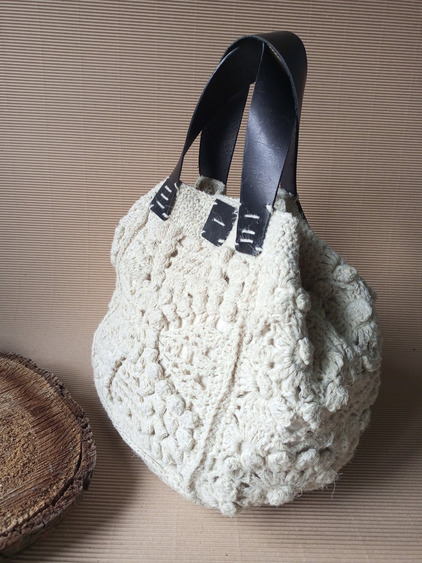 Bohemian Ivory Crochet Hemp Bag – Handmade Jute Handbag with Leather Handles and Chain Strap