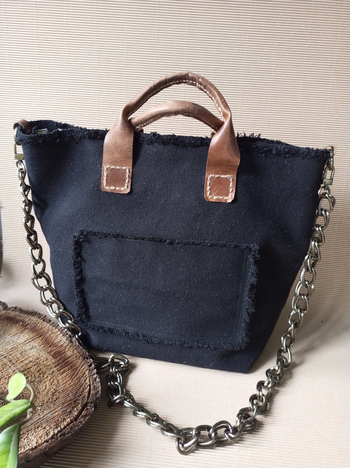 Black Canvas Tote Bag with Leather Handles – Large Boho Market Bag, Structured Shopper with Chain Strap, Eco Everyday Handbag