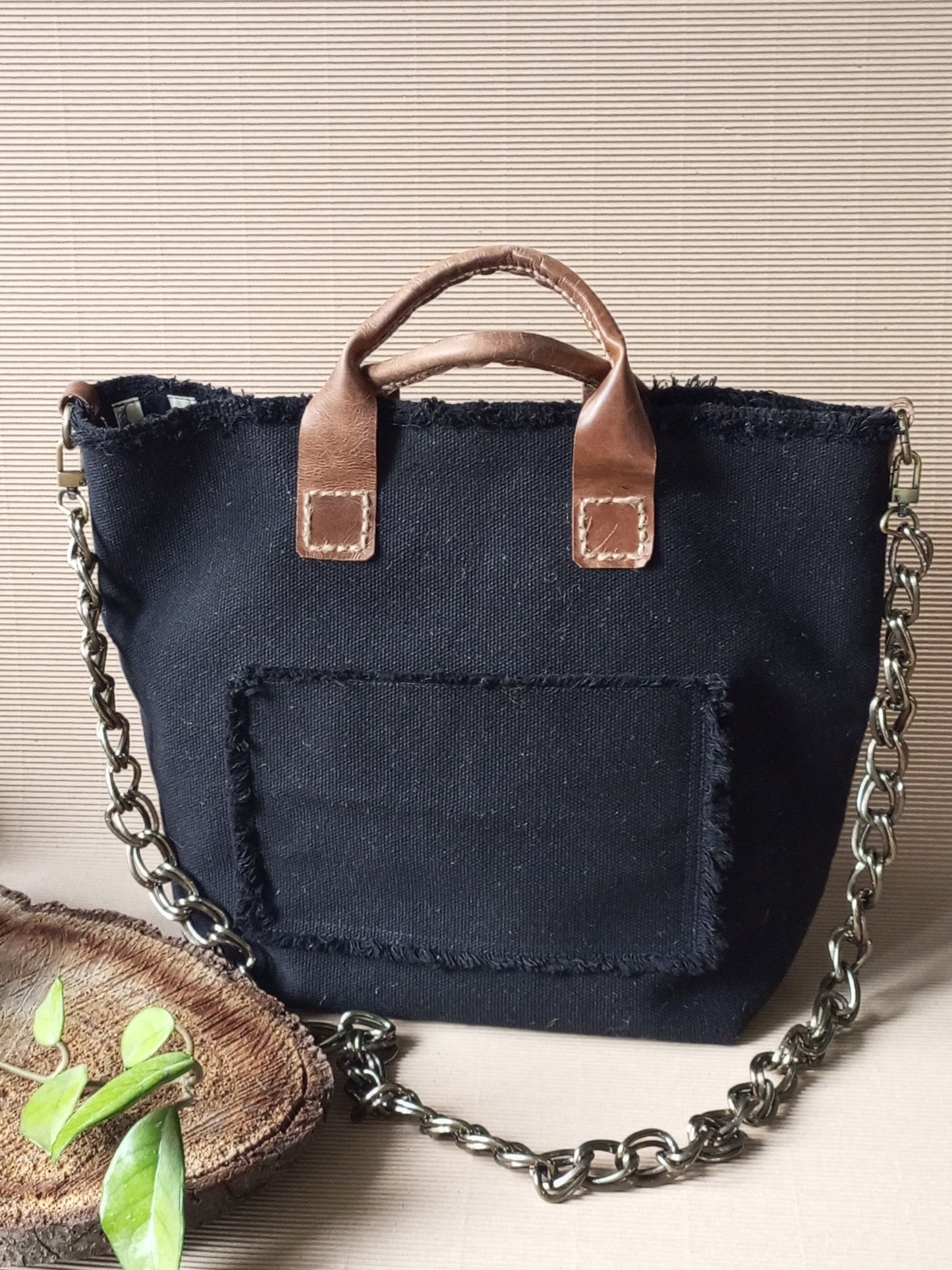 Black Canvas Tote Bag with Leather Handles – Large Boho Market Bag, Structured Shopper with Chain Strap, Eco Everyday Handbag