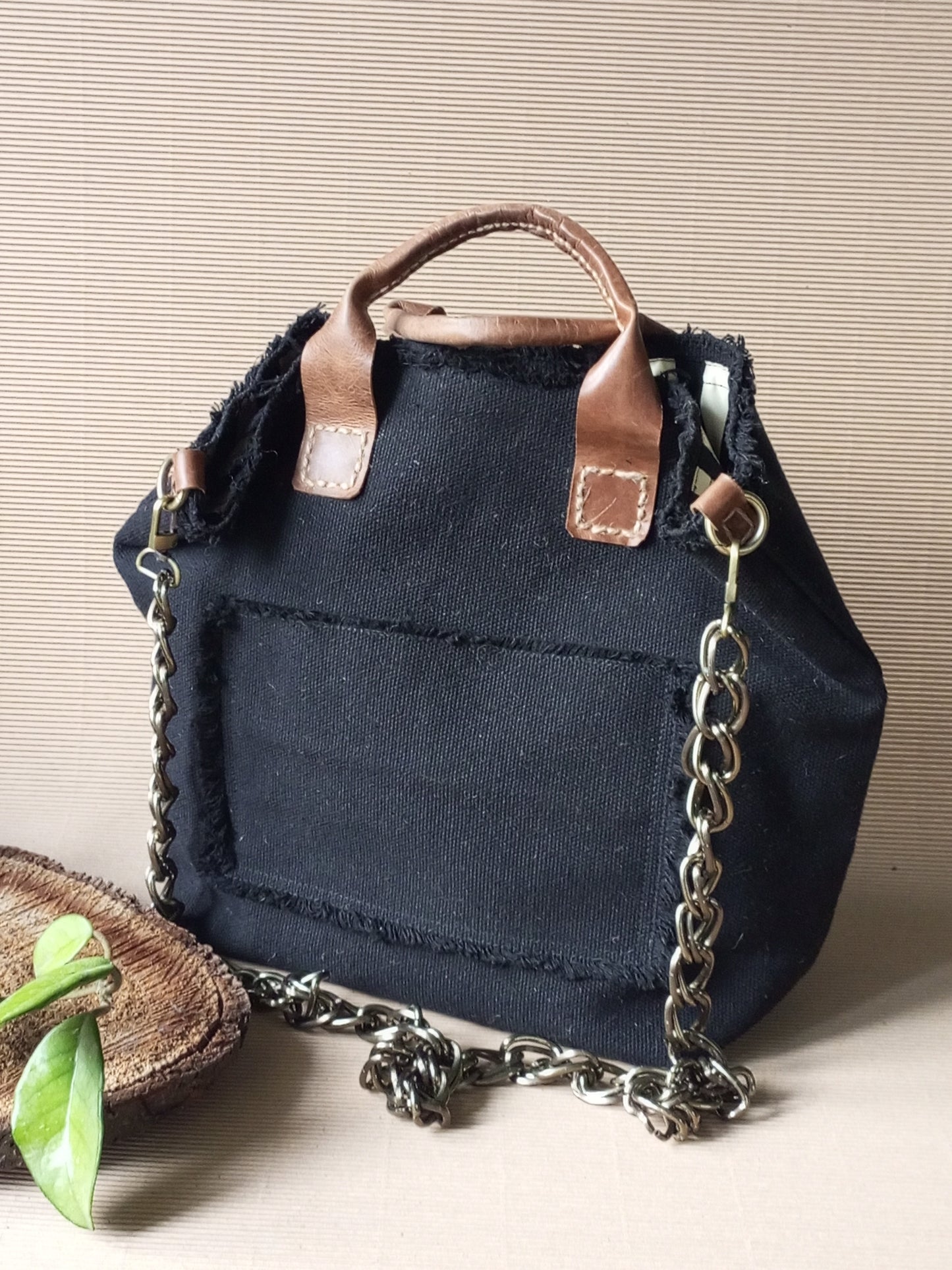 Black Canvas Tote Bag with Leather Handles – Large Boho Market Bag, Structured Shopper with Chain Strap, Eco Everyday Handbag