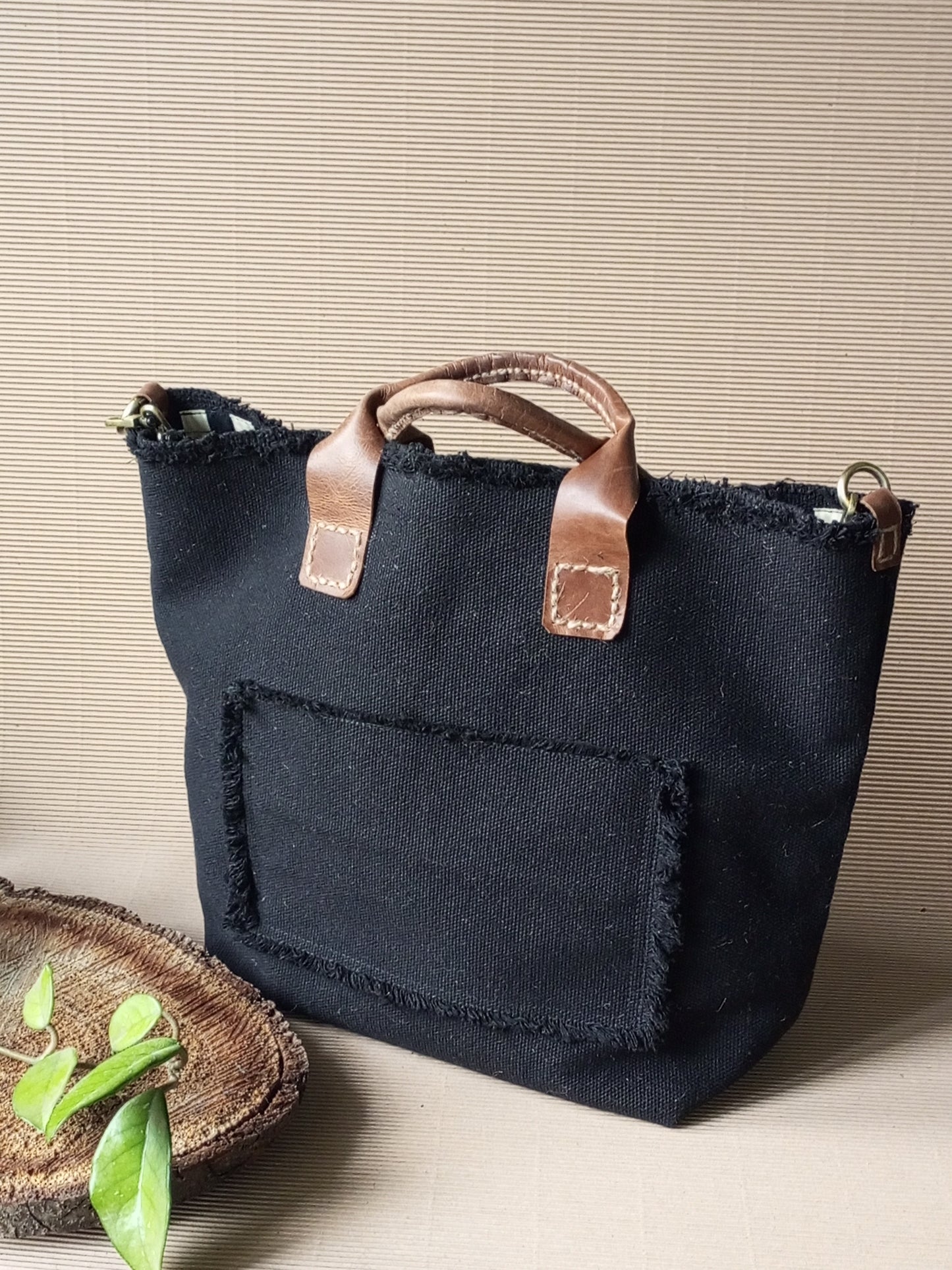 Black Canvas Tote Bag with Leather Handles – Large Boho Market Bag, Structured Shopper with Chain Strap, Eco Everyday Handbag