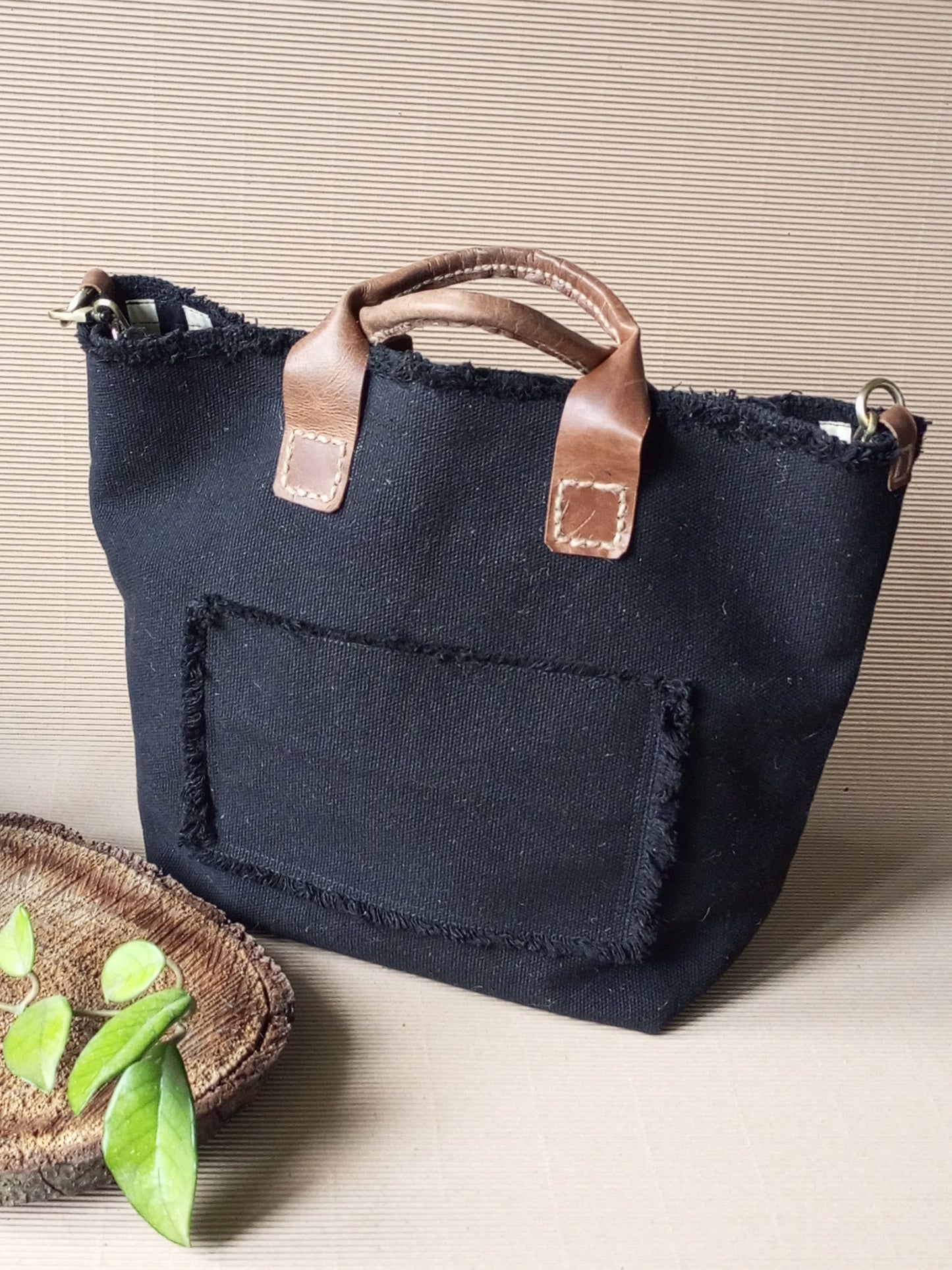 Black Canvas Tote Bag with Leather Handles – Large Boho Market Bag, Structured Shopper with Chain Strap, Eco Everyday Handbag