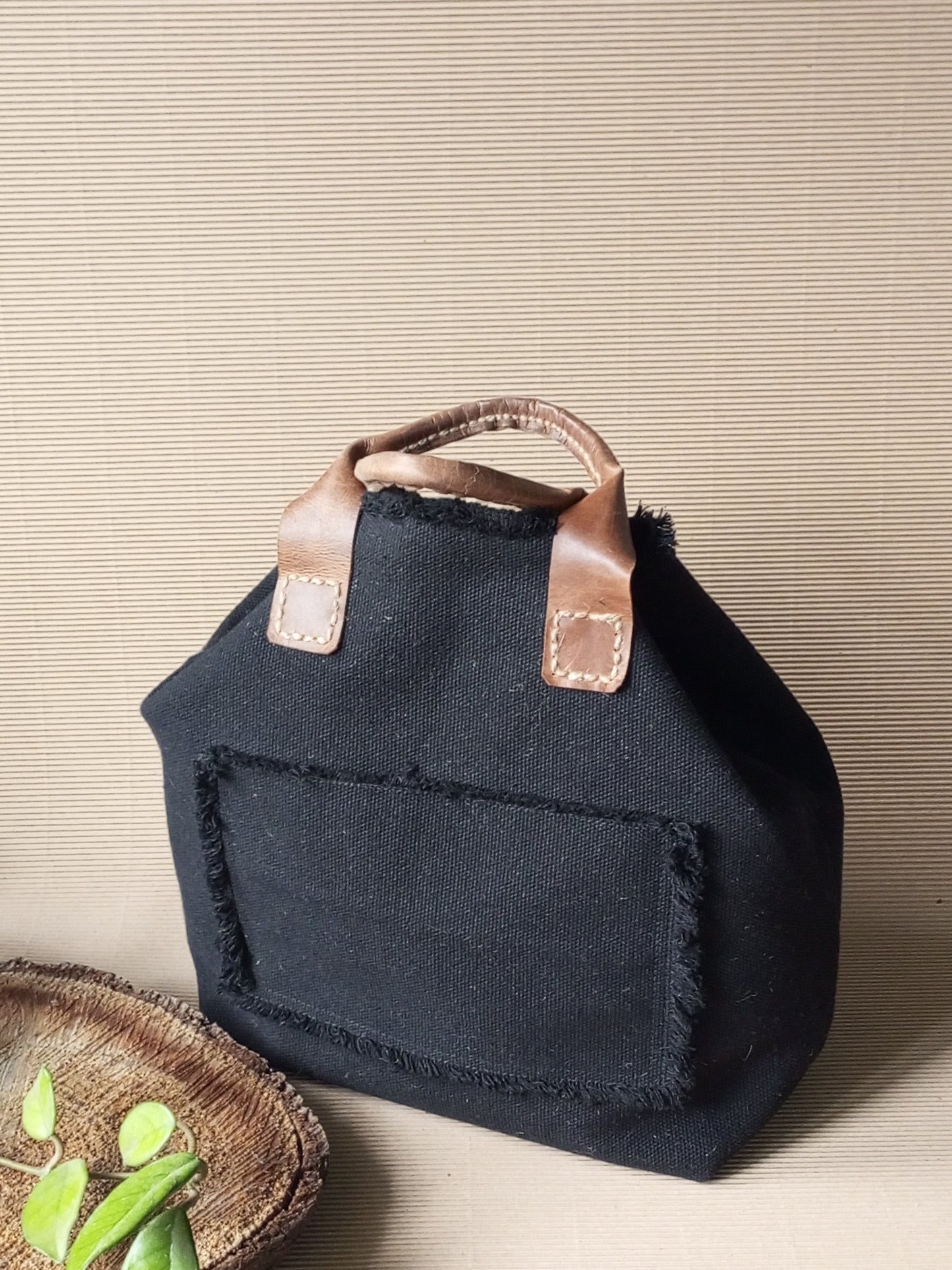 Black Canvas Tote Bag with Leather Handles – Large Boho Market Bag, Structured Shopper with Chain Strap, Eco Everyday Handbag