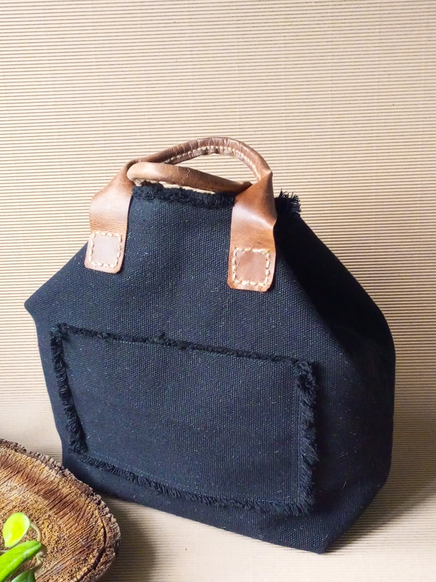 Black Canvas Tote Bag with Leather Handles – Large Boho Market Bag, Structured Shopper with Chain Strap, Eco Everyday Handbag