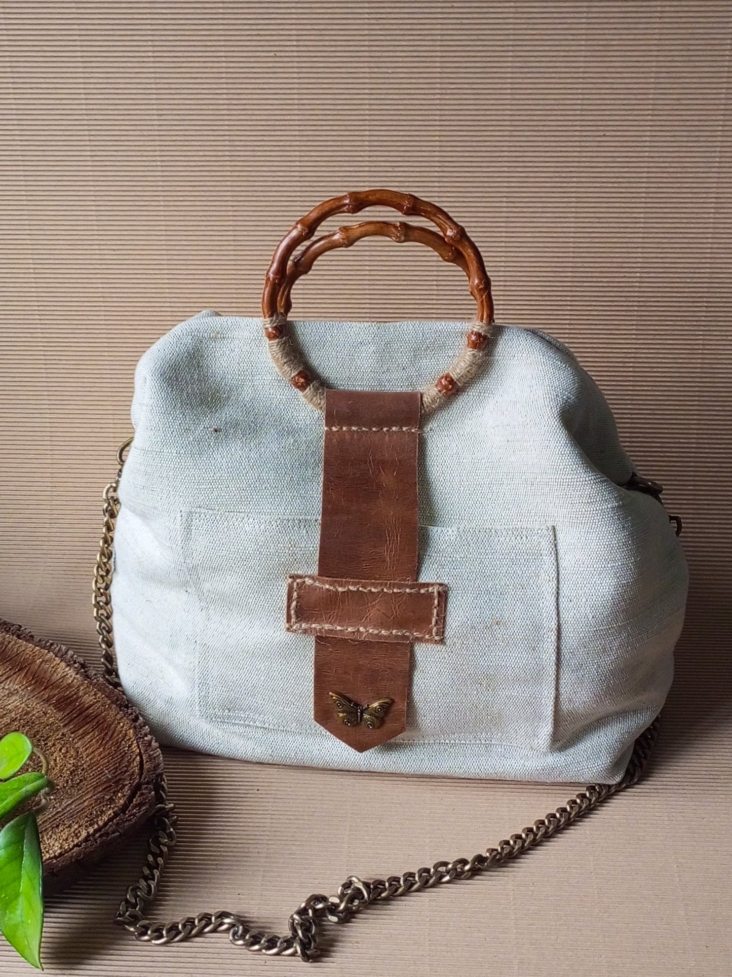 Ivory Canvas Tote Bag – Boho Market Bag with Bamboo Handles and Leather Details