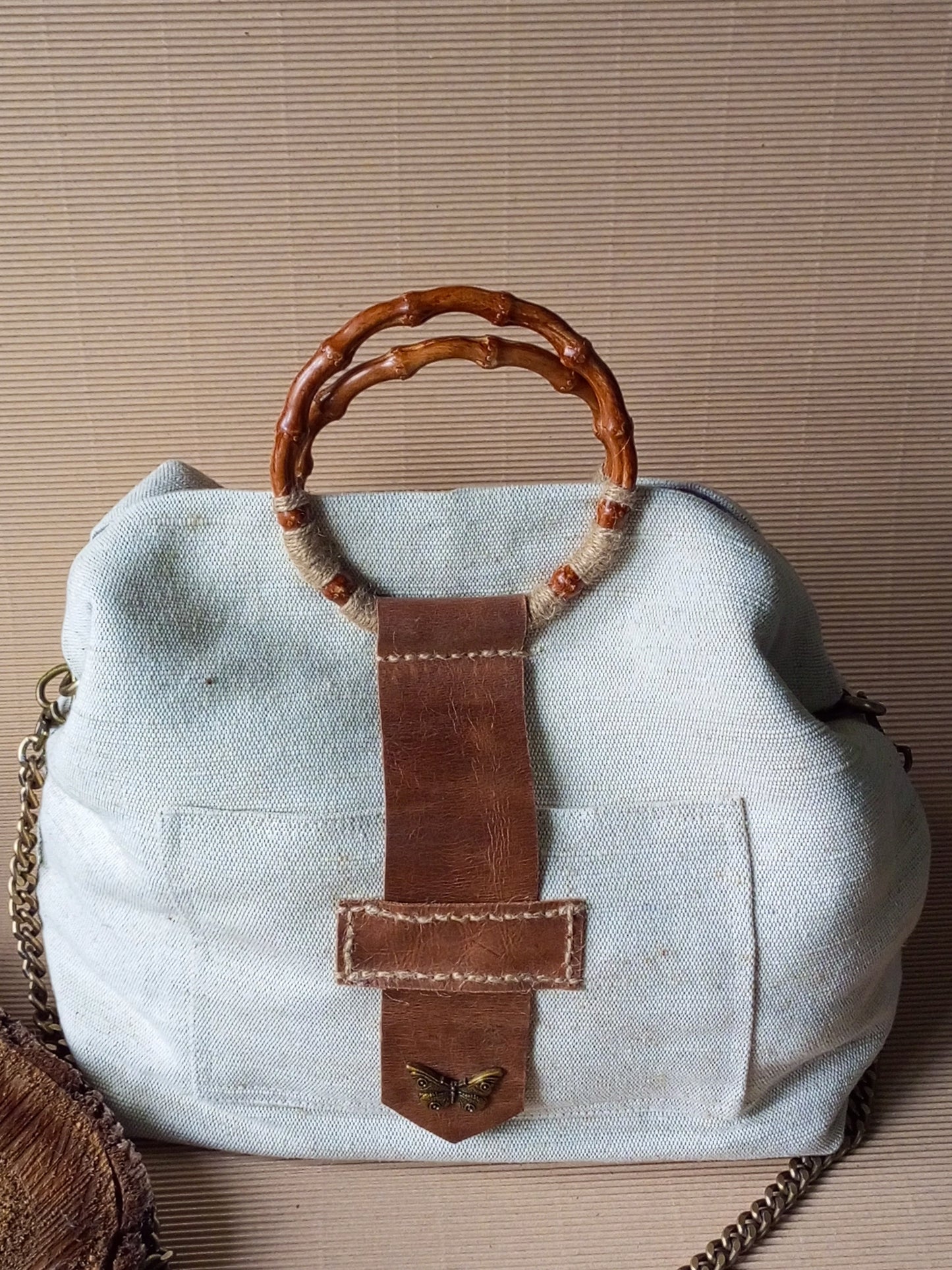 Ivory Canvas Tote Bag – Boho Market Bag with Bamboo Handles and Leather Details